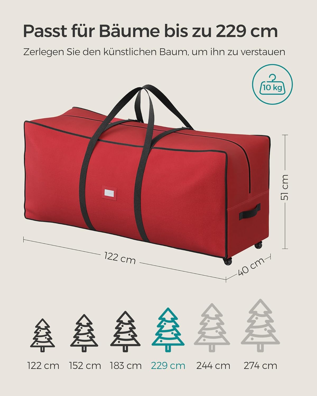 Weihnachtsbaum-Aufbewahrungstasche mit Rollen – Robustes Oxford-Gewebe – Doppelreißverschluss – Für Bäume bis 274 cm