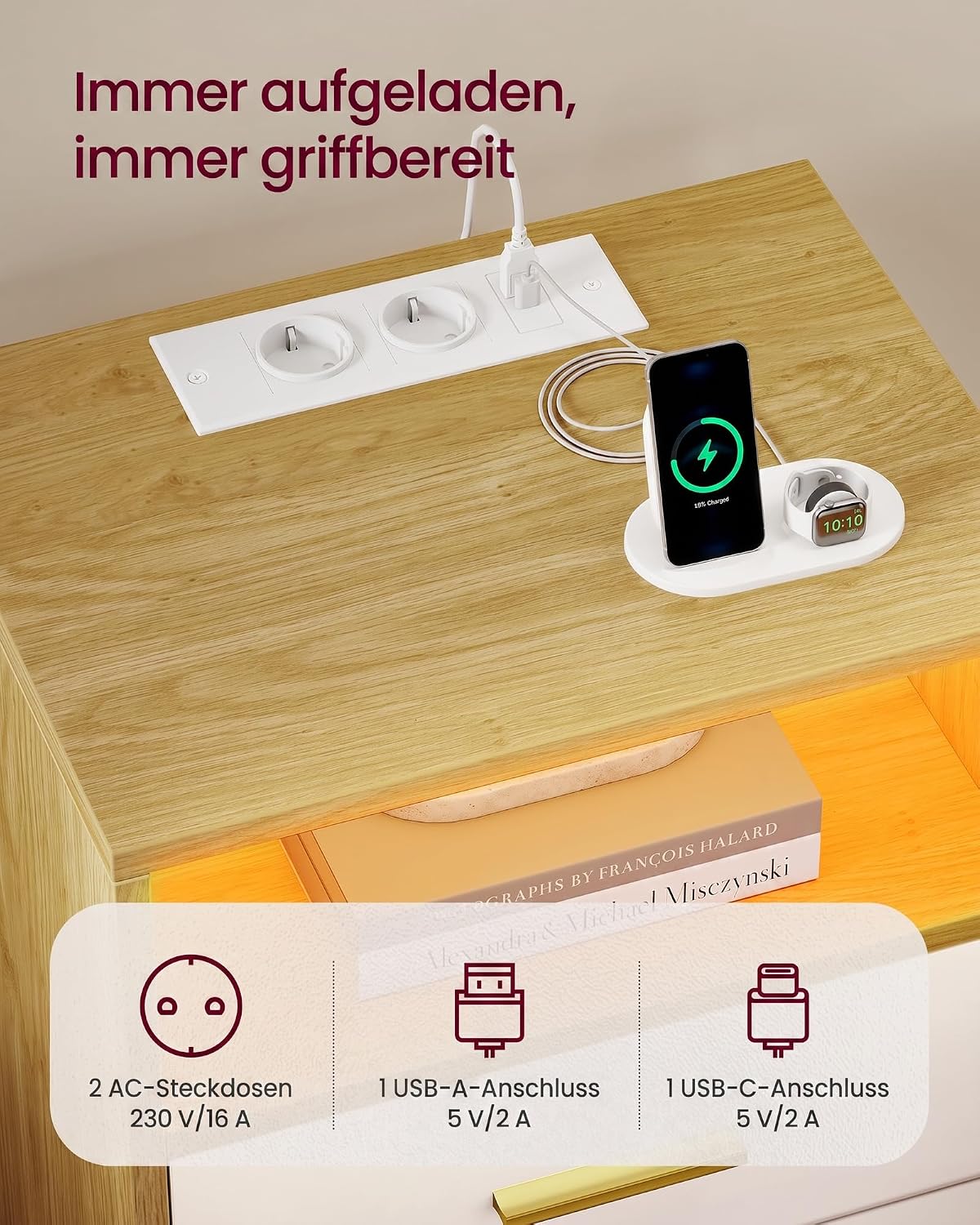 Nachttisch mit Ladestation und LED-Beleuchtung – Custos Kollektion – 2 Schubladen – einzeln oder 2er-Set