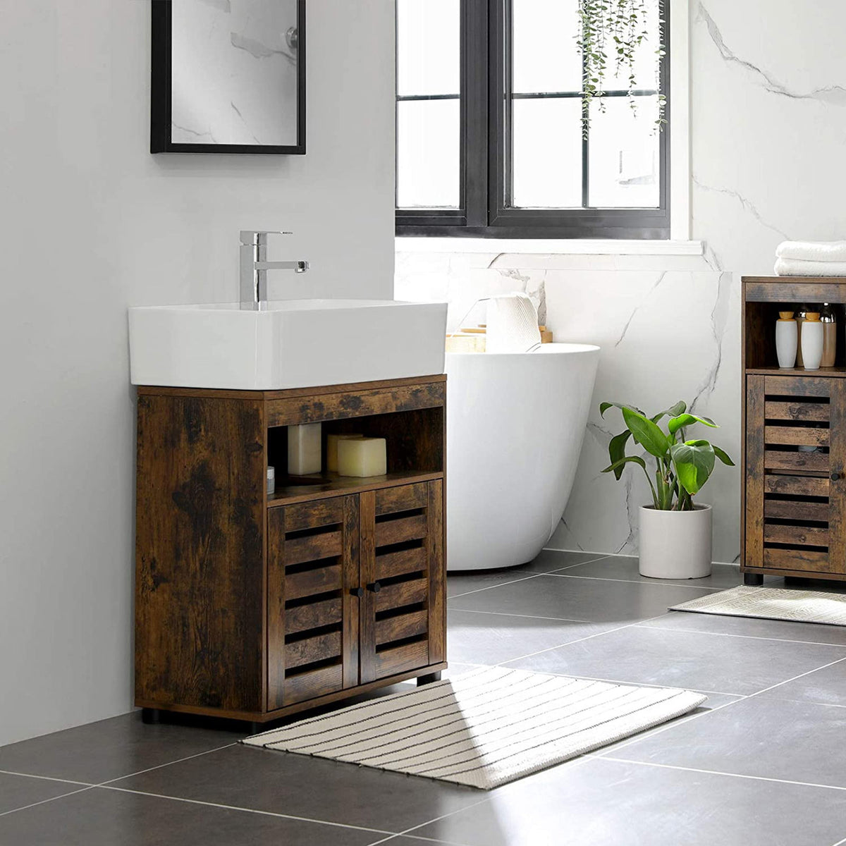Waschtischunterschrank Mit 2 Türen - Badezimmerschrank Mit Siphonöffnung - Schmales Design