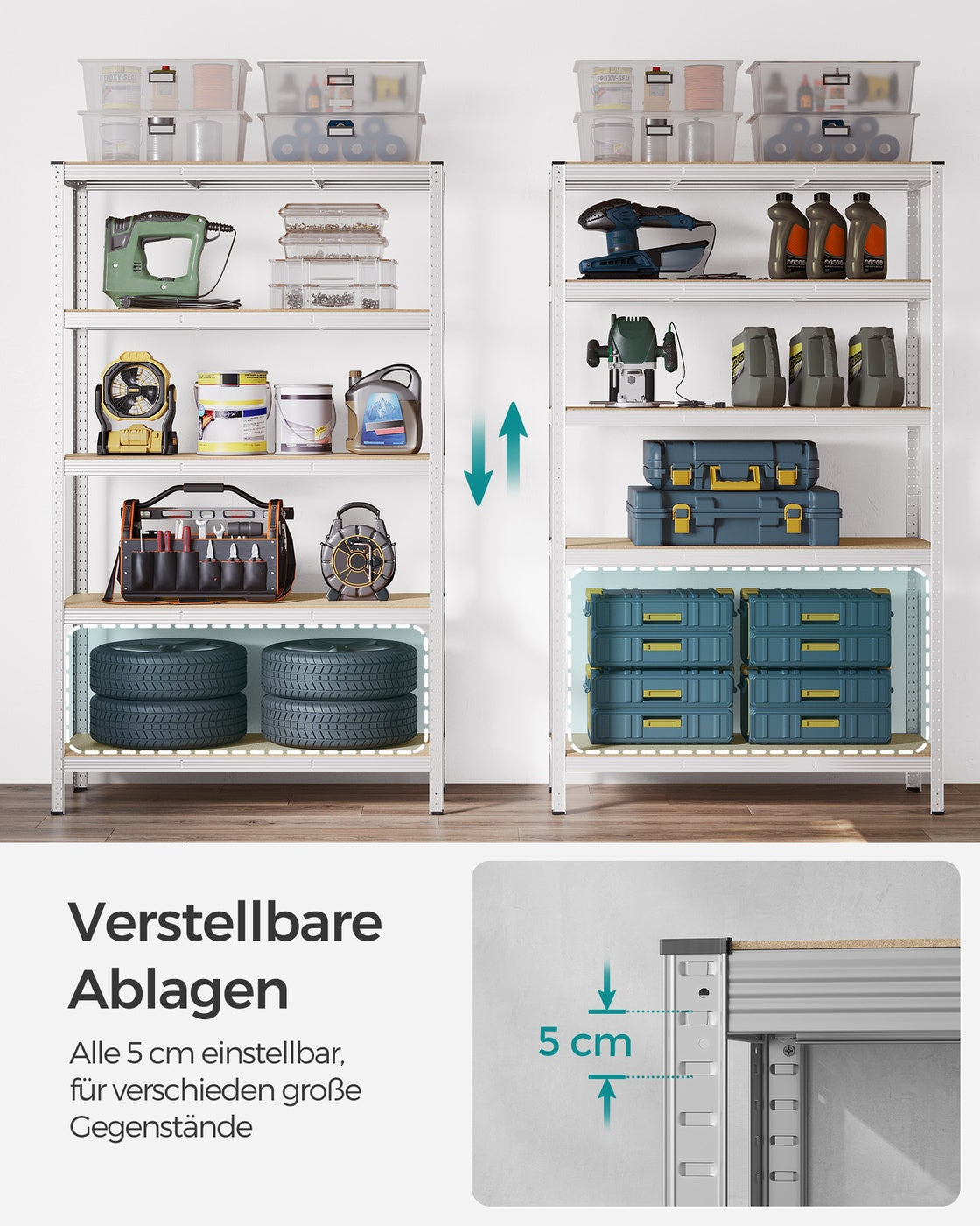 Lagerregal / Schwerlastregal – verstellbare Böden – bis 120 kg pro Boden – Stahlrahmen für Küche, Garage & Abstellraum