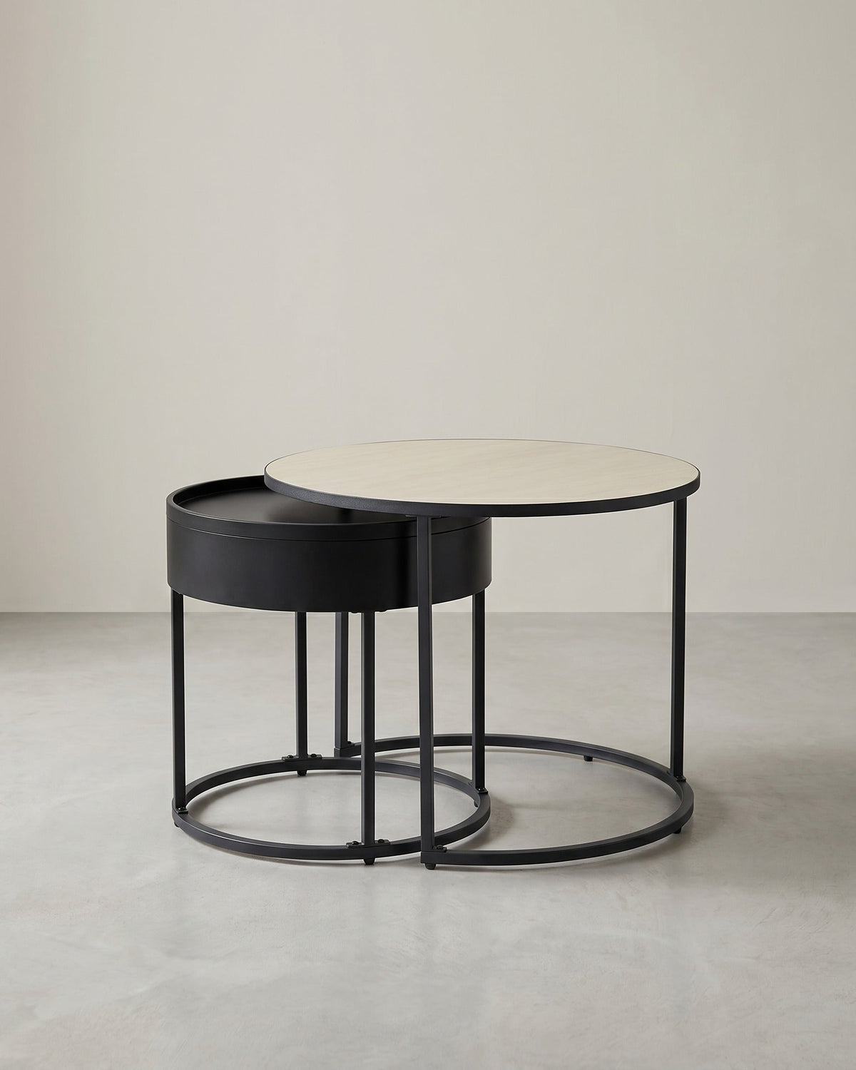 Rundes Couchtisch-Set, 2-teilig – Satztische – Beistelltische mit Stauraum – Moderne Holztische mit Stahlgestell
