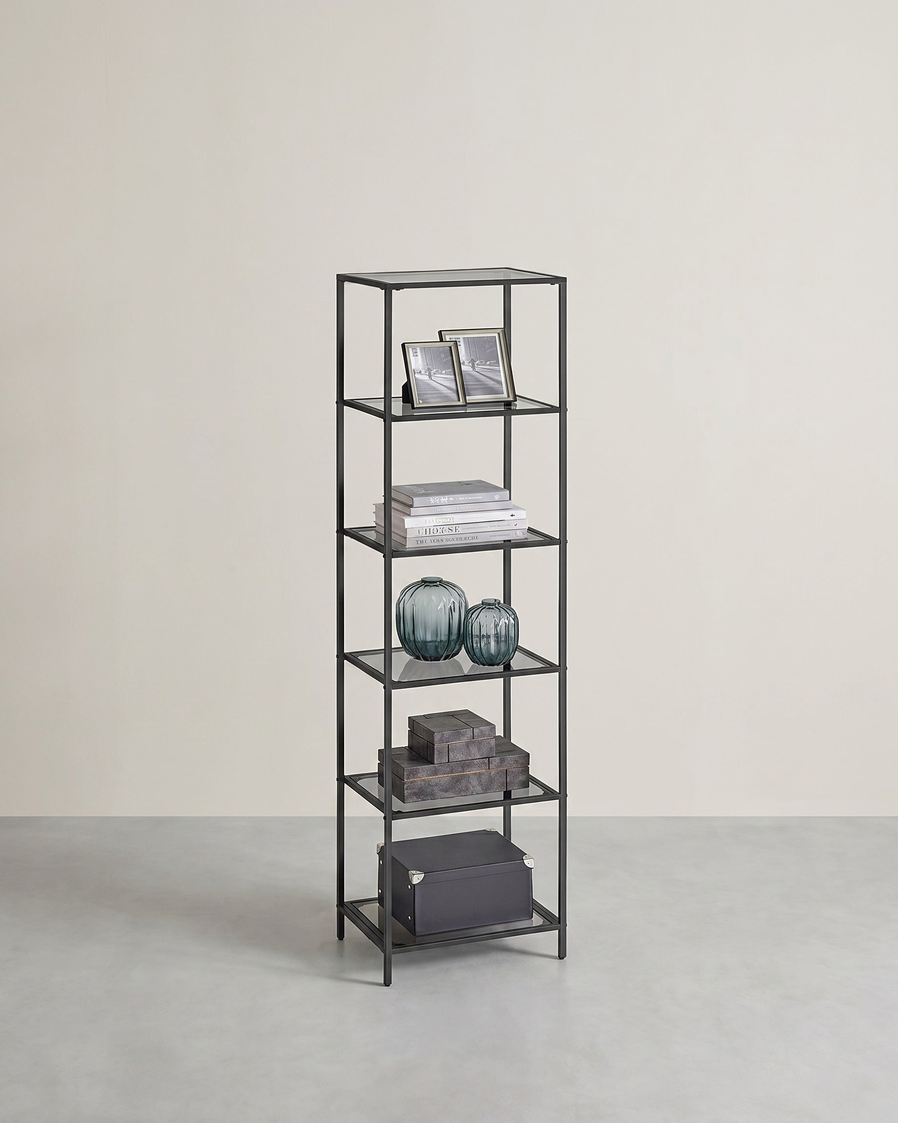 Glas-Eckschrank mit 5 oder 6 Etagen – Stilvoll & platzsparend – Schwarz / Grau