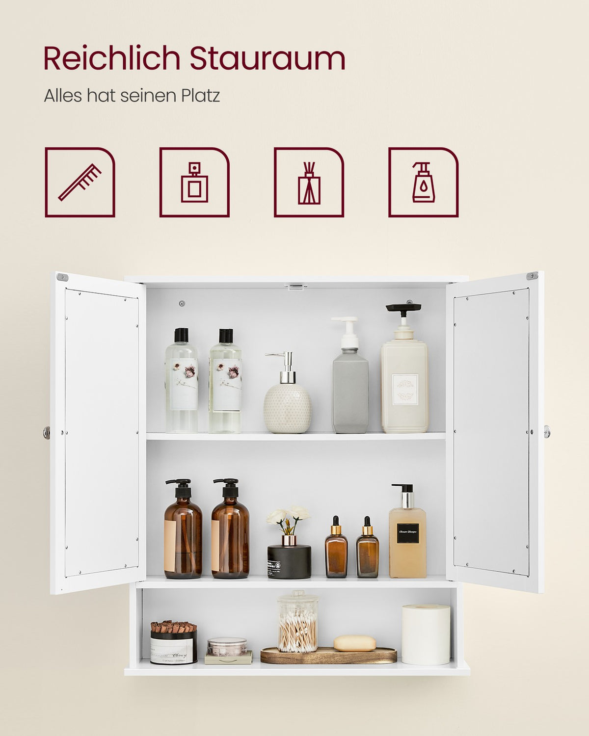 Badezimmerschrank mit Spiegel – Wandschrank mit 2 Türen – Aufbewahrungsschrank mit Verstellbarem Boden
