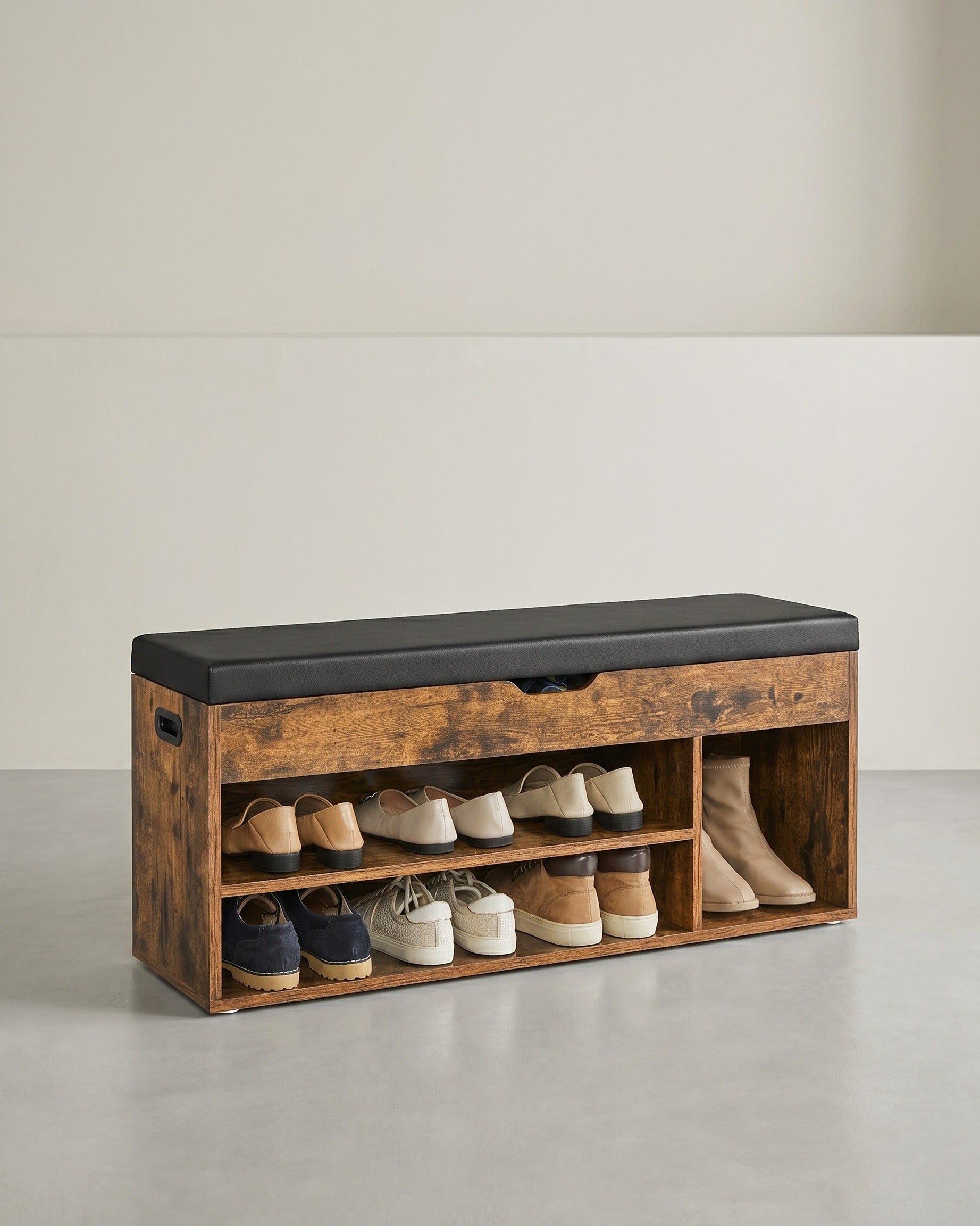 Schuhaufbewahrung – Schuhbank mit Sitzfläche – Aufbewahrungsbank mit 3 Offenen Fächern – 30 x 80 x 44 cm – Tragfähigkeit bis 150 kg