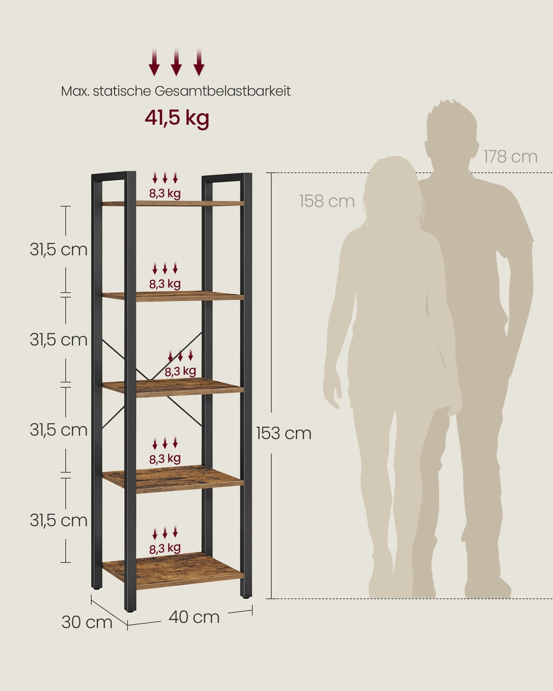 Bücherregal Industriedesign – 6 Ebenen – schmal 40 cm – schwarzer Metallrahmen mit Holzoptik – für Wohnzimmer & Büro