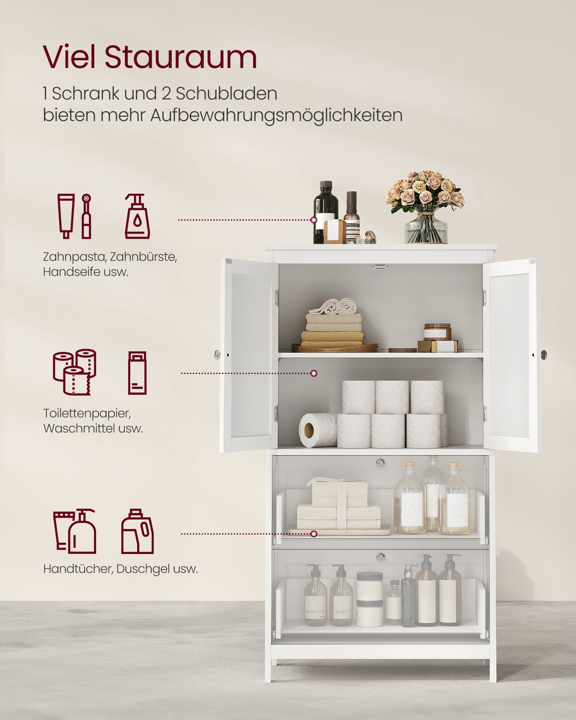 Badezimmerschränke – 30 x 60 x 110 cm – 2 Türen – 2 Schubladen – MDF – Verstellbarer Boden – 18,5 kg – Maximale Belastung 136 kg