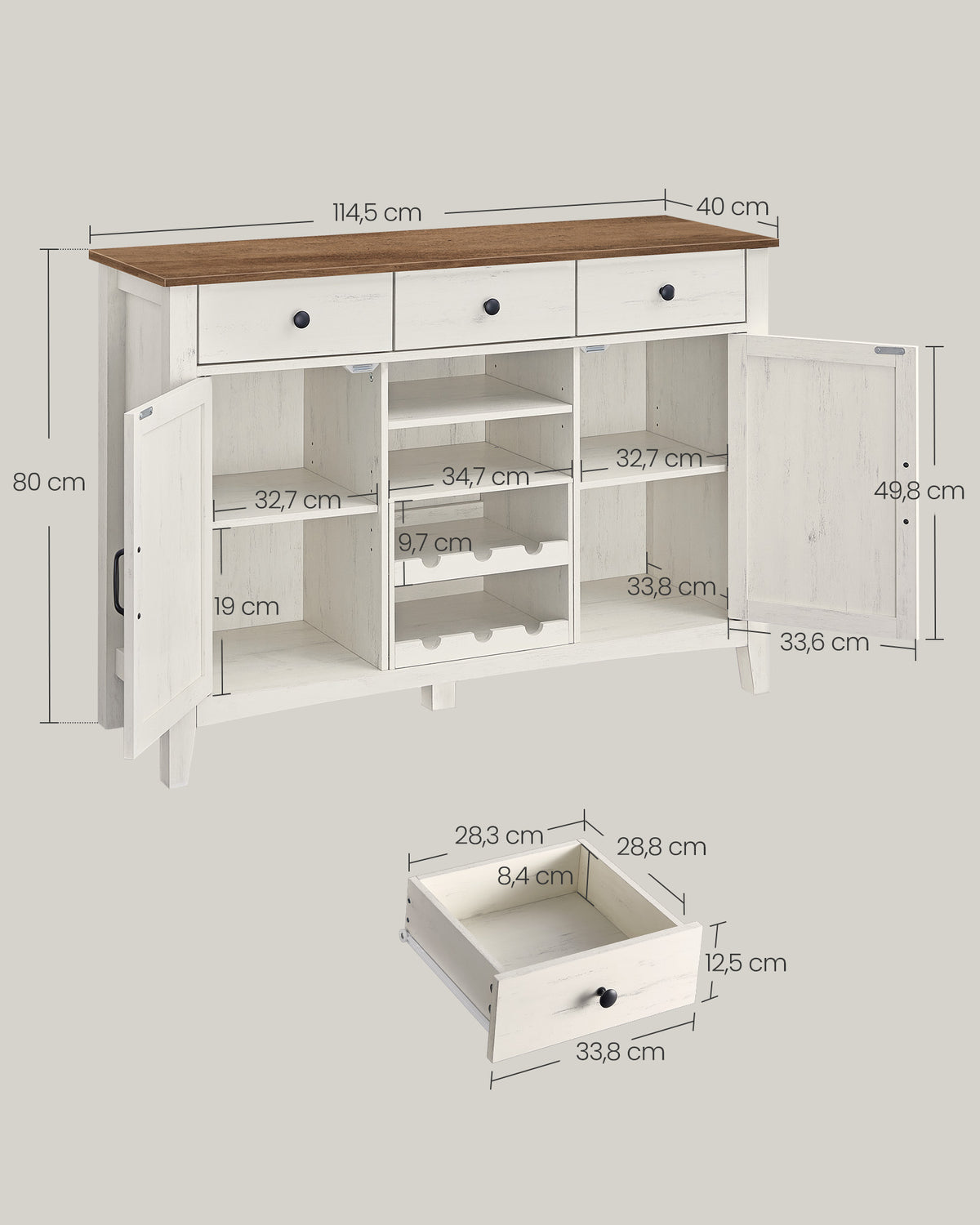 Sideboard mit Schiebetüren – Küchenschrank mit Weinregal – Landhausstil – 114,5 cm breit