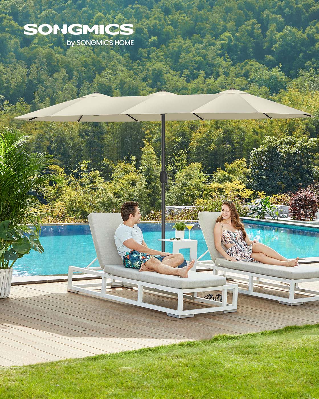 Doppelsonnenschirm 394 x 200 cm – UV-Schutz UPF 50+ – Mit Korkgirlande – Beige oder Grau