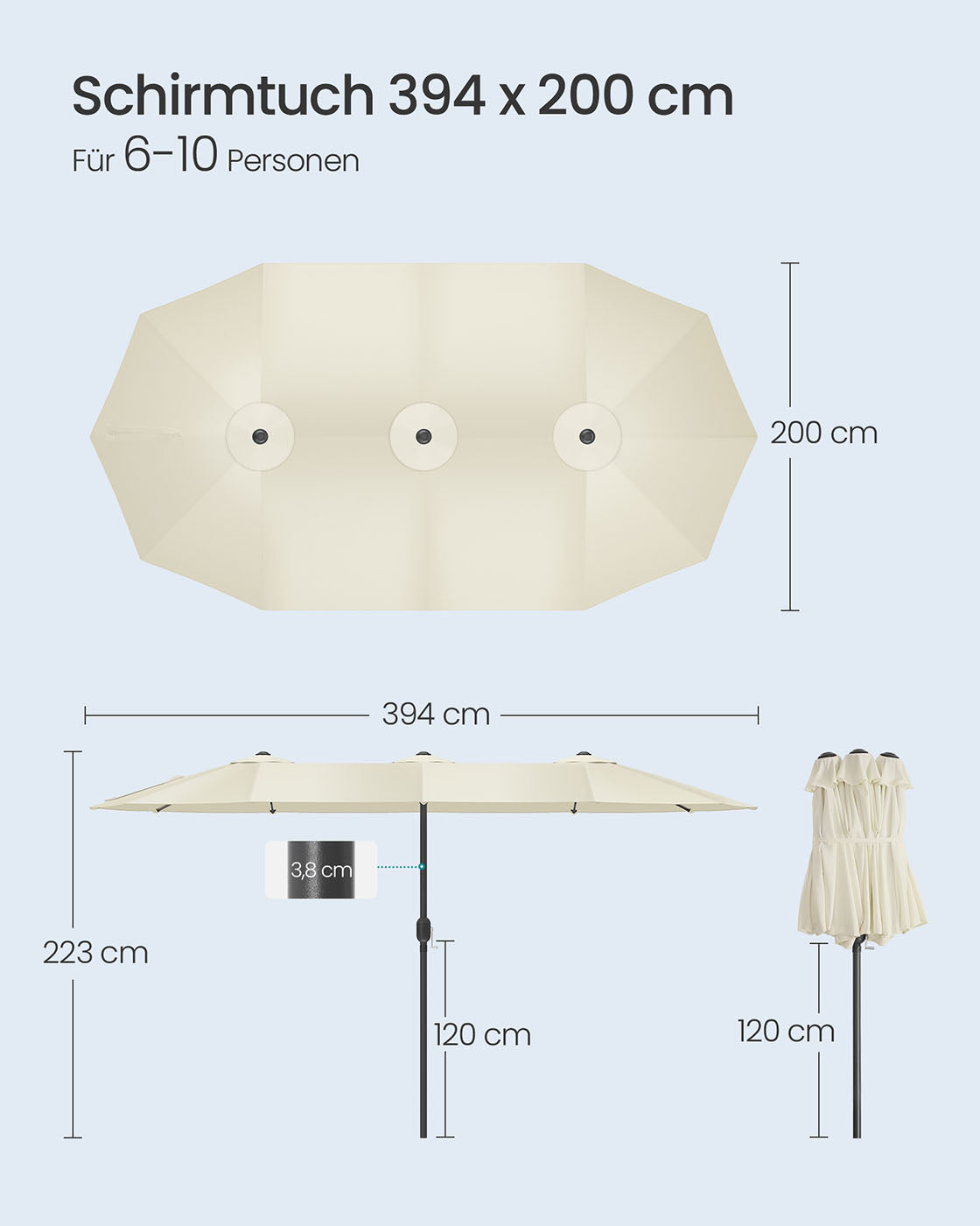 Doppelschirm 460 x 270 cm, – UV-Schutz UPF 50+ – Mit Korkkurbel