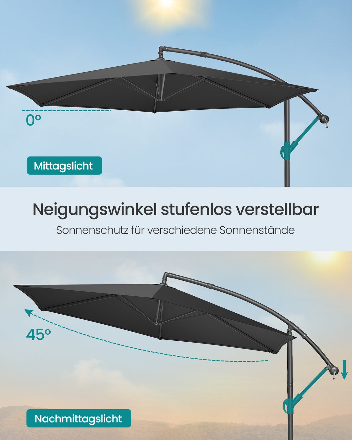 Sonnenschirm mit LED-Solarbeleuchtung – mit Ständer – UV-Schutz 50+ – schwenkbar – für Balkon und Garten