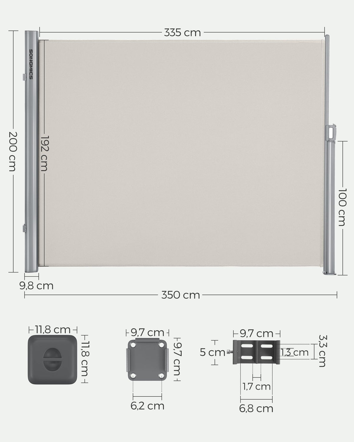 Ausziehbare Seitenmarkise - Gartenmarkise - Balkonmarkise - 200 x (300-350-400) cm