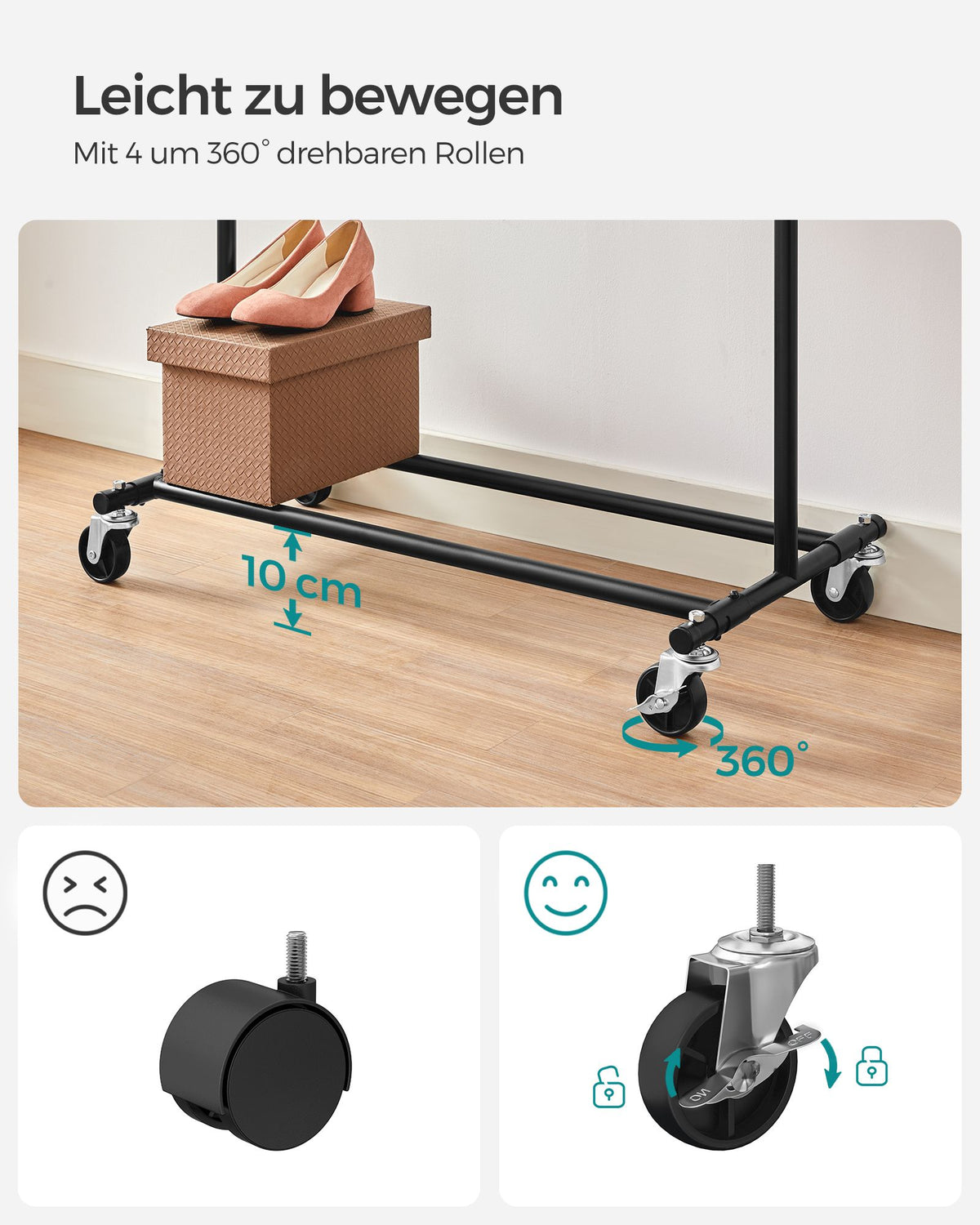 Kleiderständer auf Rollen – ausziehbar – verchromtes Metall – Tragkraft 90 kg