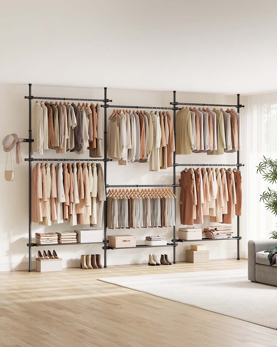 Kleiderständer ausziehbar bis zur Decke – verstellbare Garderobe – doppelte Stange und Ablagefach