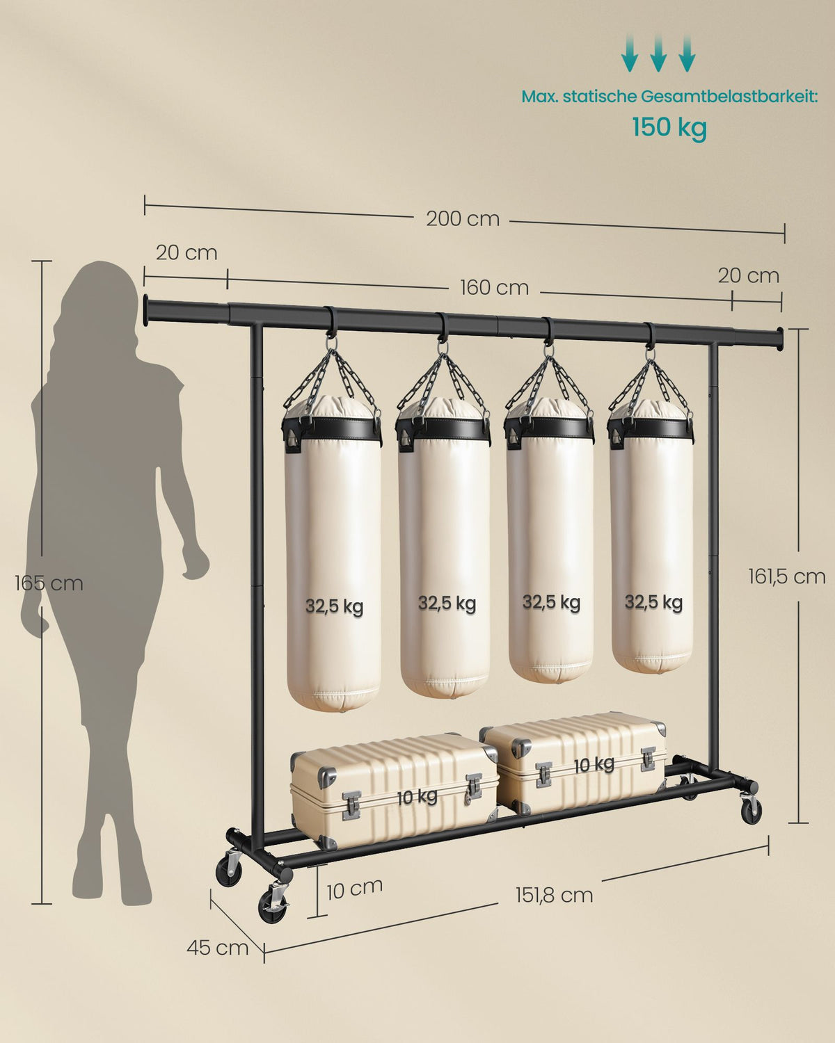 Kleiderständer auf Rollen – Ausziehbar – Tragkraft 150 kg – Verchromter Stahl – Mit Bremsfunktion