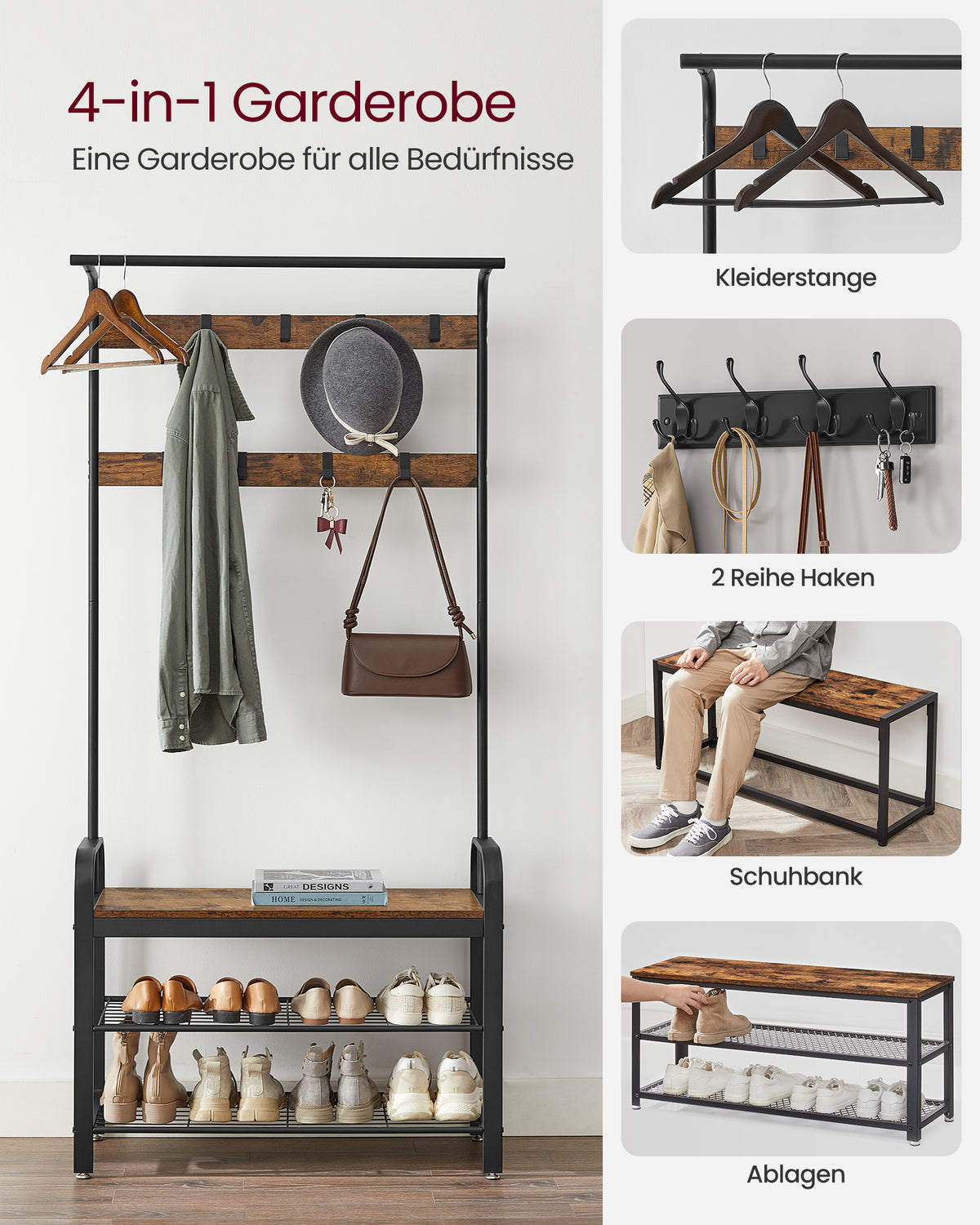Garderobe mit Schuhregal & Sitzbank – Industriedesign Holz & Metall – 9 Haken + Kleiderstange – Flurmöbel