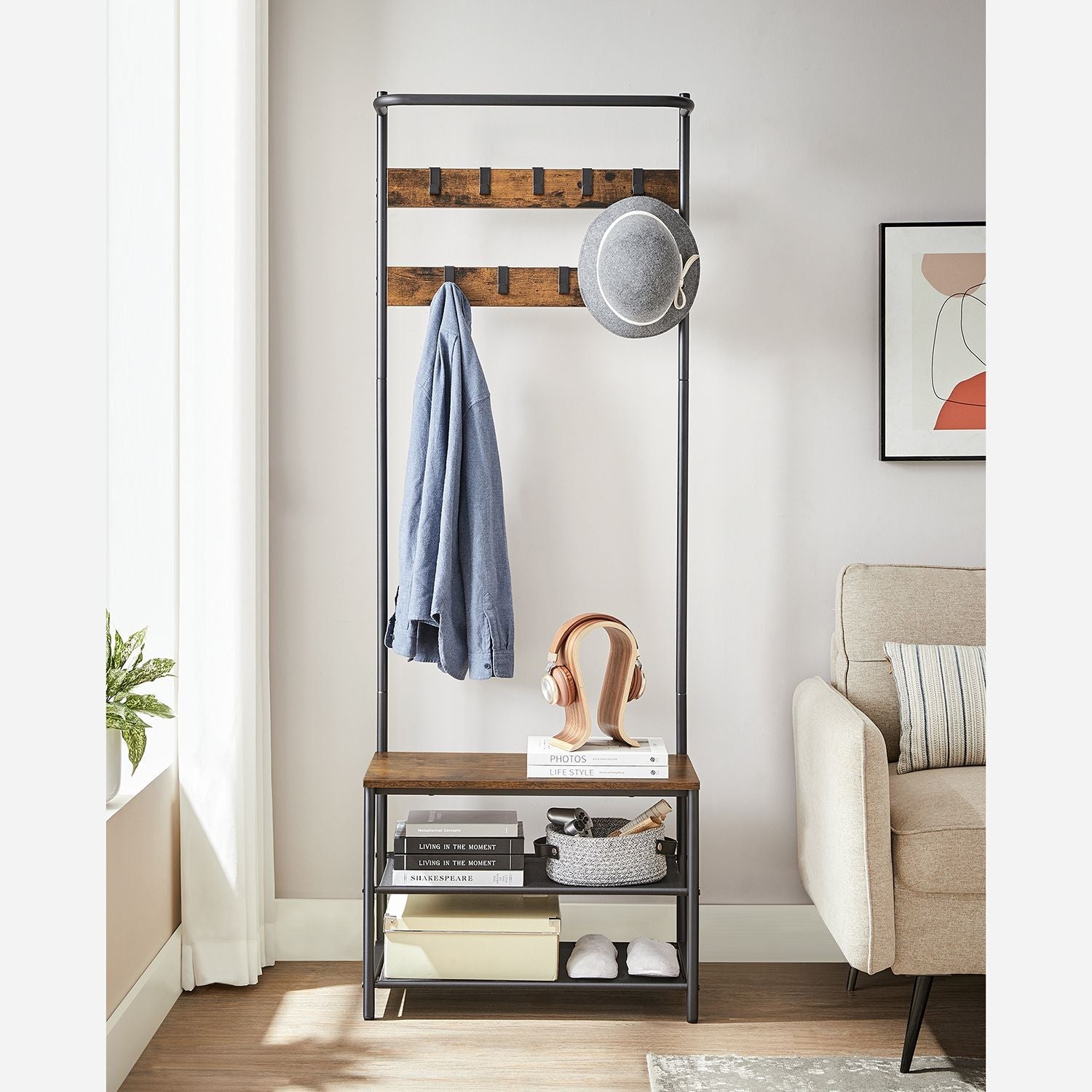 Garderobenständer mit Bank – 3-in-1 Garderobenregal – Ablagen & Haken – 32,2 x 64 x 180 cm
