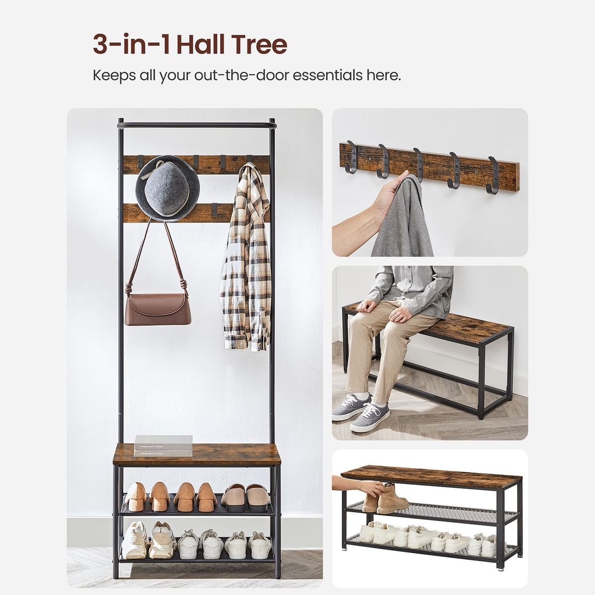 Garderobenständer mit Bank – 3-in-1 Garderobenregal – Ablagen & Haken – 32,2 x 64 x 180 cm