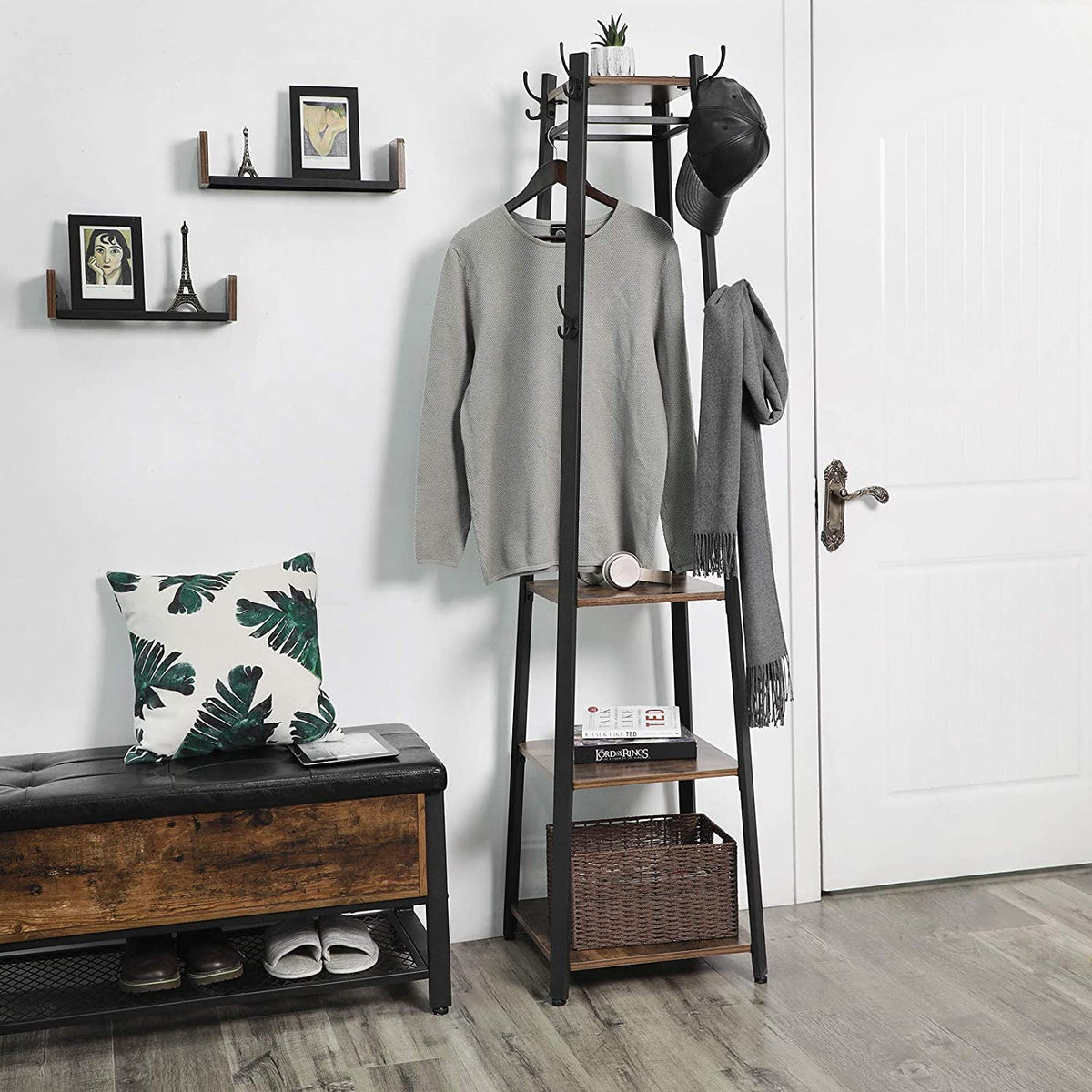 Garderobenständer – Vintage-Garderobe – mit Ablagen, Haken und Kleiderstange – stabil