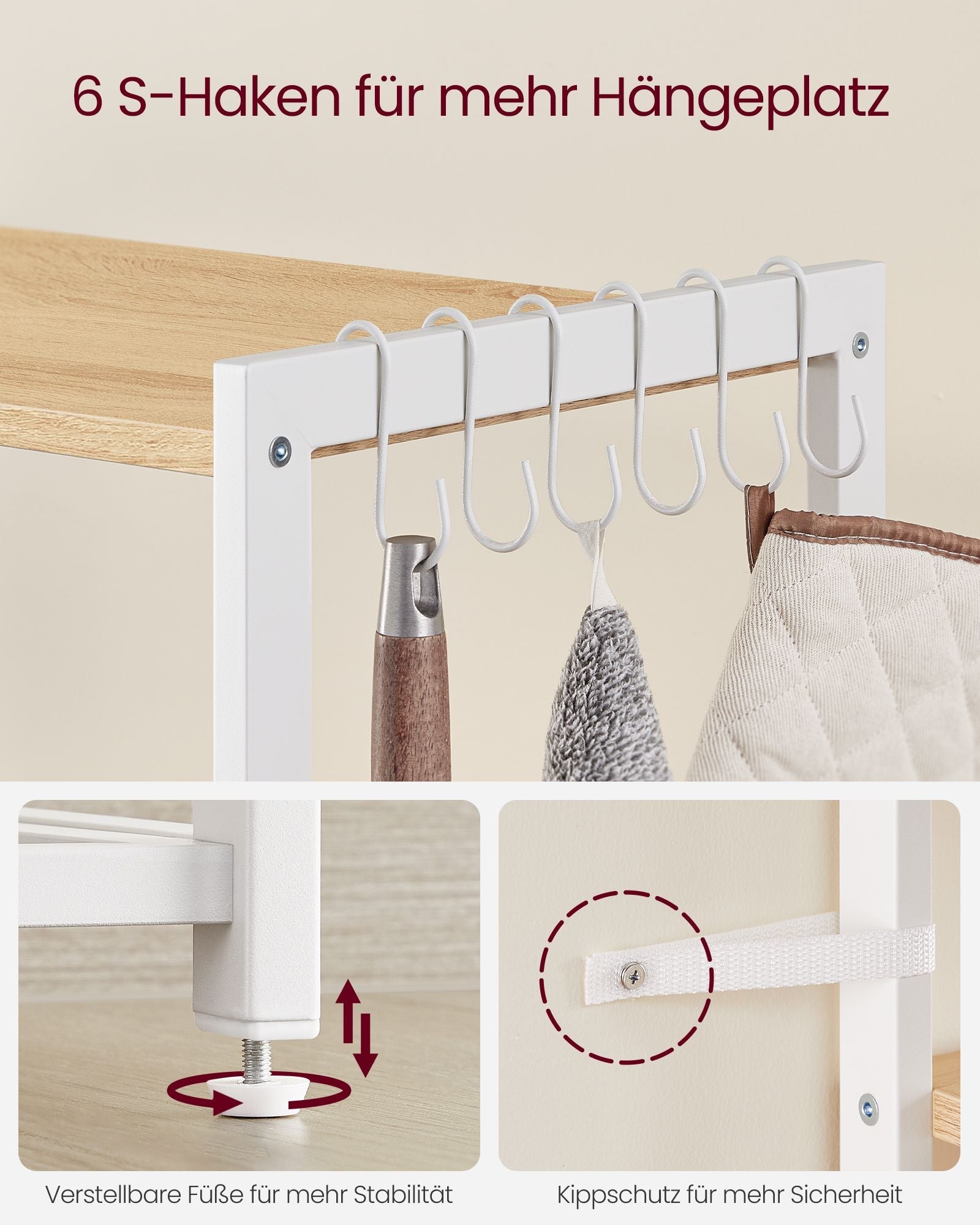 Küchenregal – Standregal – 2 Metallkörbe – Haken und Böden – 35 x 80 x 95 cm – Spanplatte und Stahl