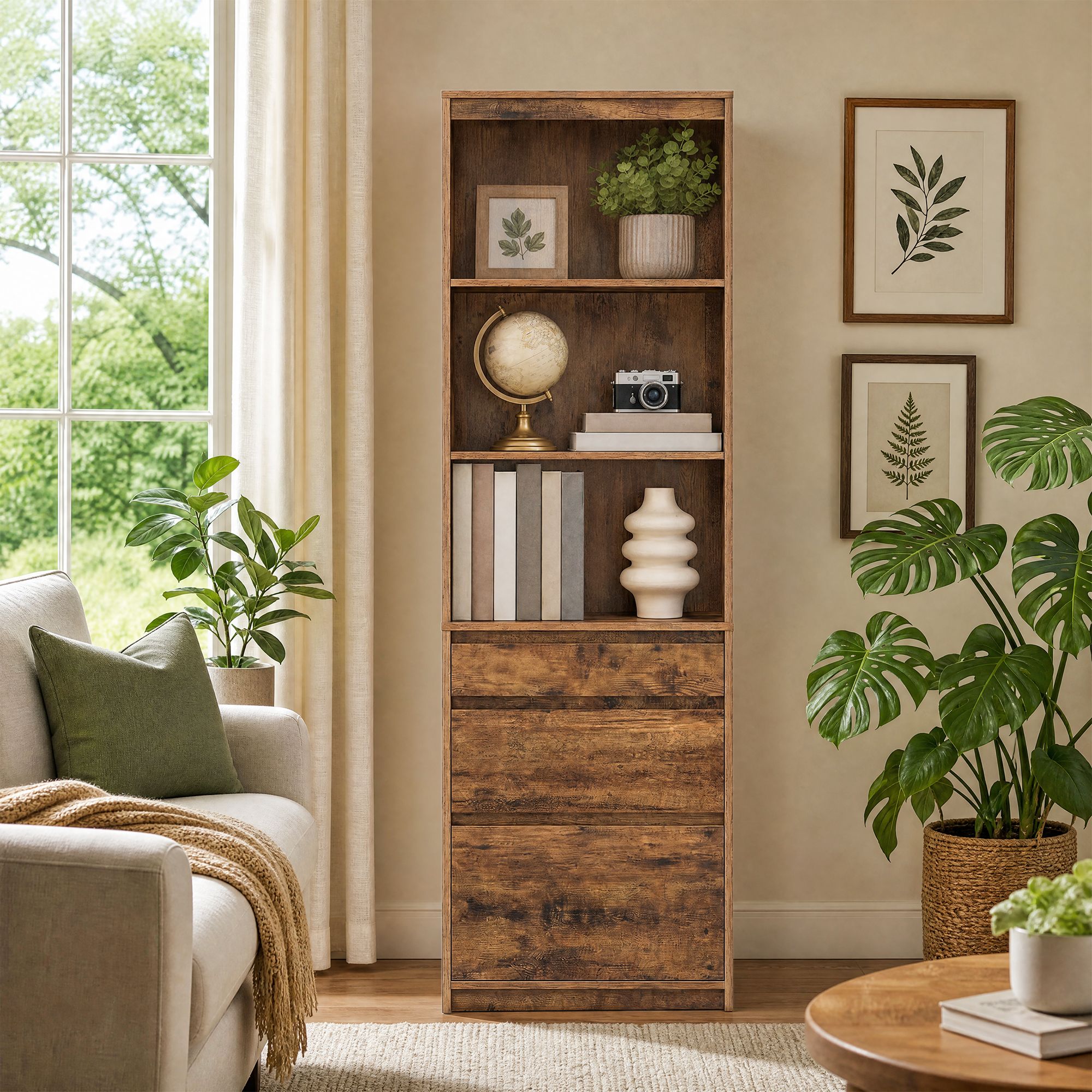 Bücherregal Mit Verstellbaren Böden Und 3 Schubladen - Hoher Schrank - Für Wohnzimmer