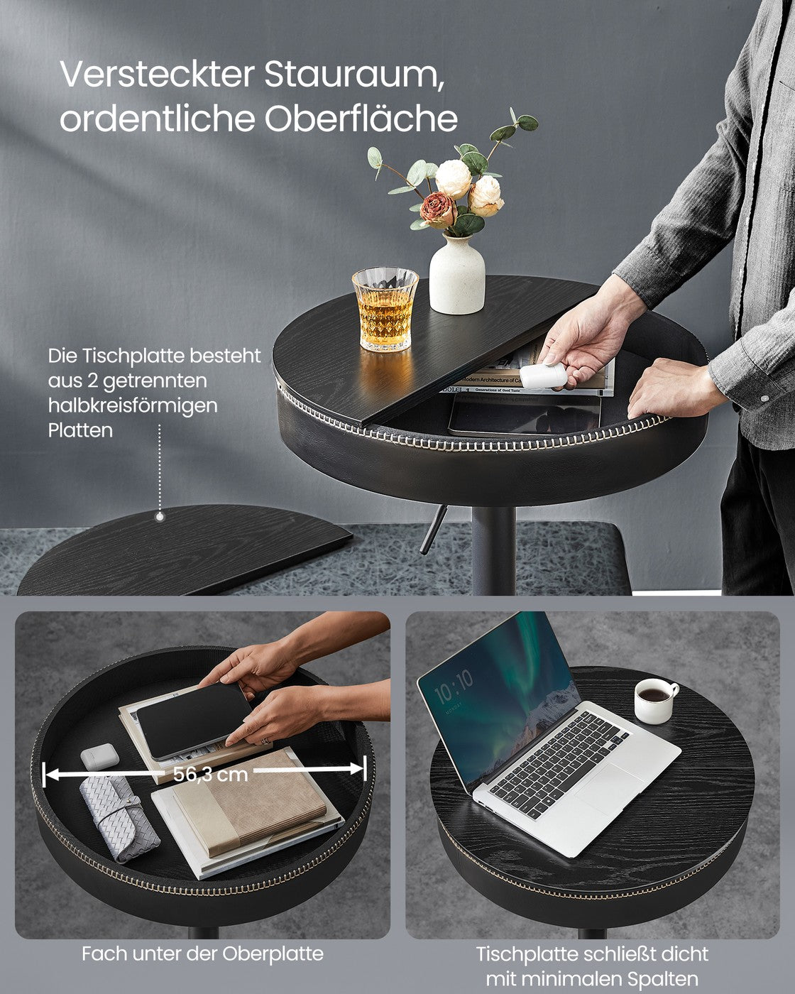 Stehtisch mit Stauraum - Höhenverstellbar (83-105 cm) - Runder Designtisch