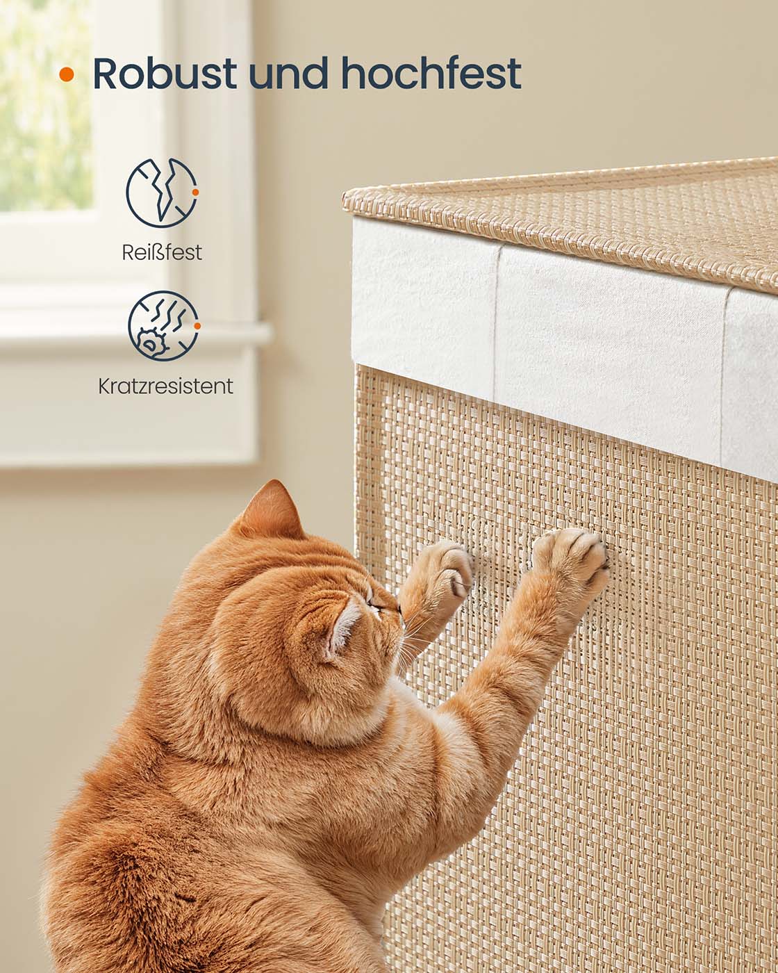 Wäschekorb mit 2 Fächern – 100 L – mit Rollen, Deckel und herausnehmbarem Wäschesack – Rattanoptik – Naturbeige
