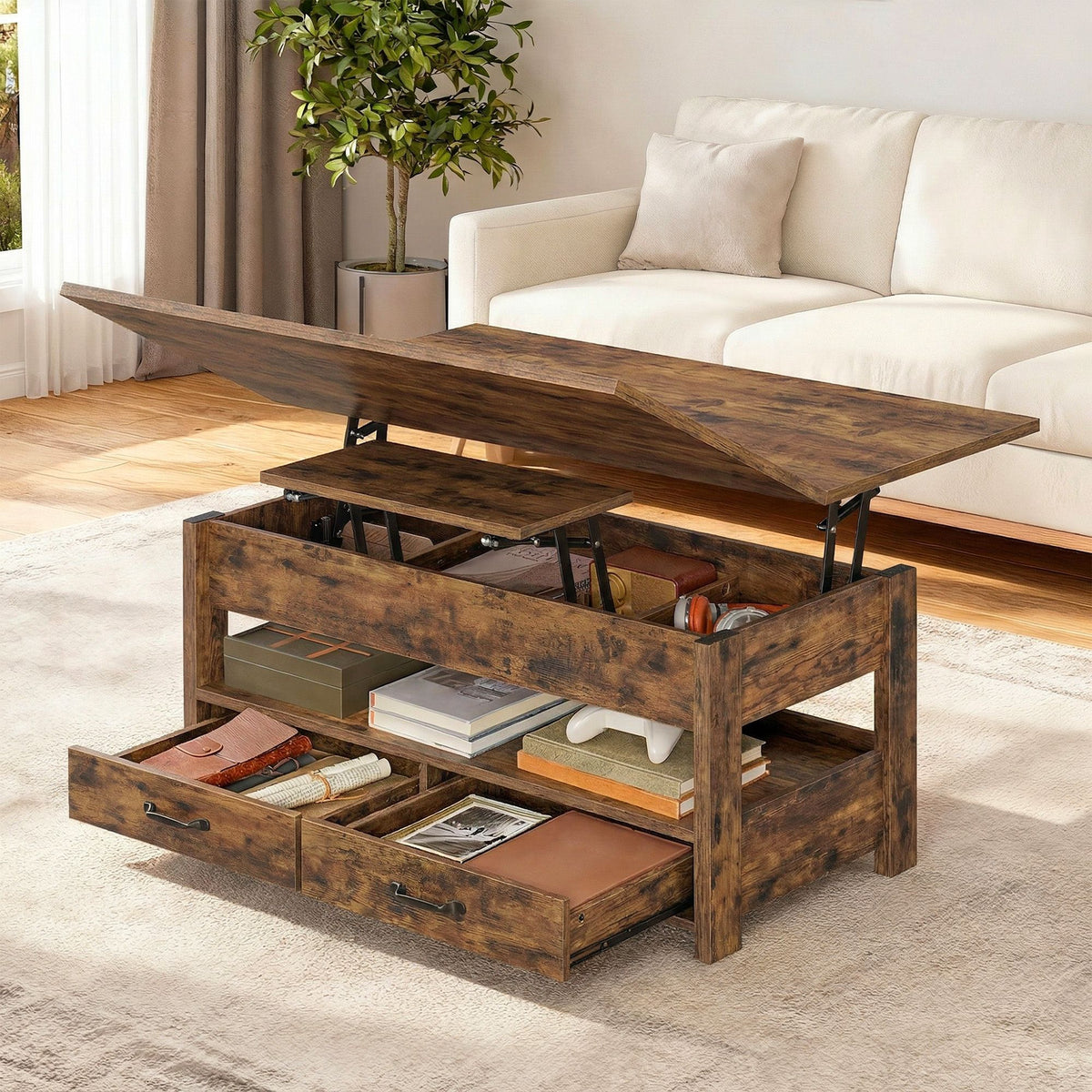 Couchtisch mit Klappplatte und verstecktem Stauraum – Multifunktional, verstellbar und modernes Design – 100 cm breit
