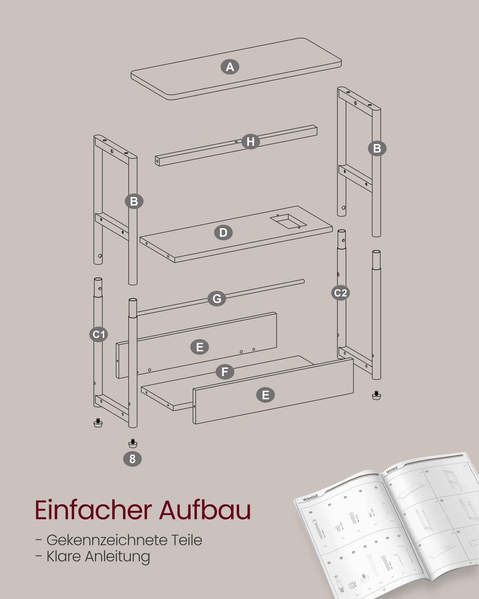 Beistelltisch schmal mit Ladefunktion – 3 Ablagen – Nachttisch / Sofatisch – für Wohnzimmer & Schlafzimmer