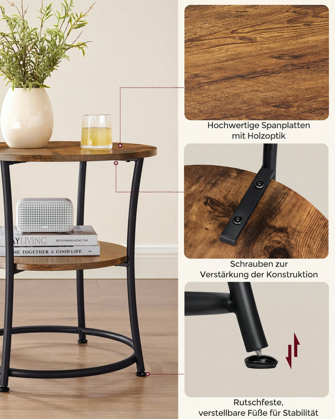 Runder Beistelltisch – 2 Ebenen – Verstellbare Beine – 55 cm Durchmesser
