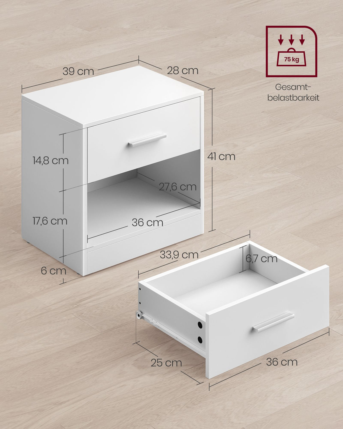 Nachttisch – mit Schublade – Offenes Fach – Spanplatte – 28 x 39 x 41 cm