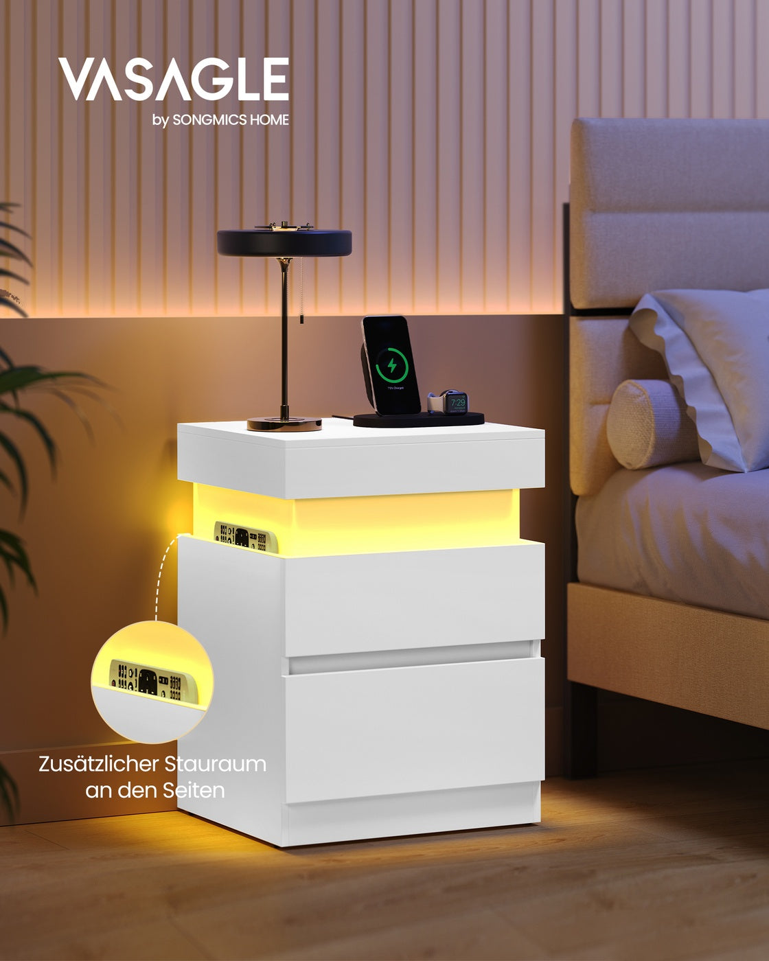 Nachttisch - Kailyn Kollektion - Steckdose - LED-Beleuchtung