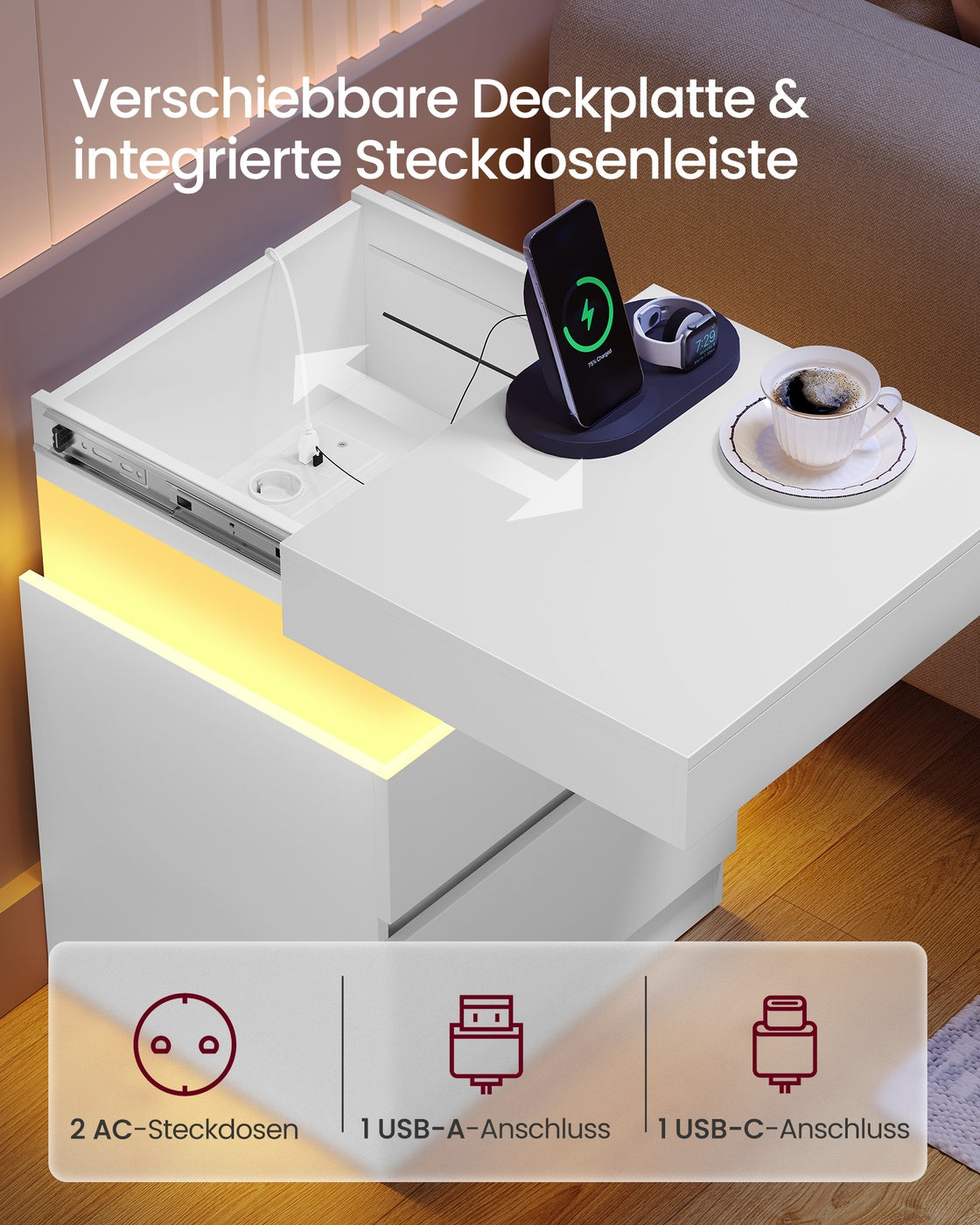 Nachttisch - Kailyn Kollektion - Steckdose - LED-Beleuchtung
