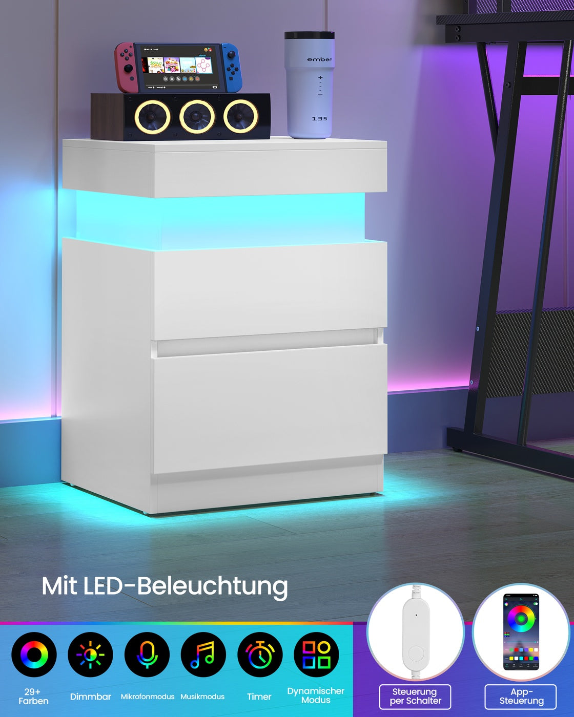 Nachttisch - Kailyn Kollektion - Steckdose - LED-Beleuchtung