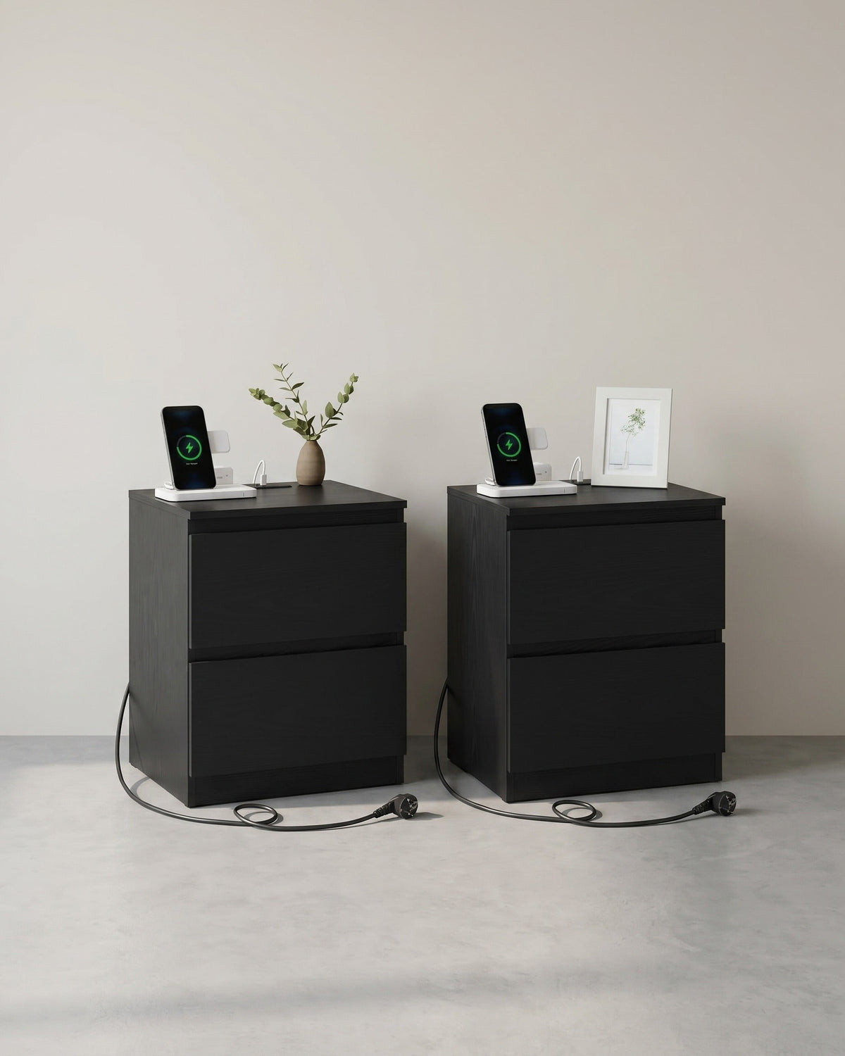 Nachttisch mit Steckdose und USB - 2 Schubladen - modernes Weiß - Ladestation