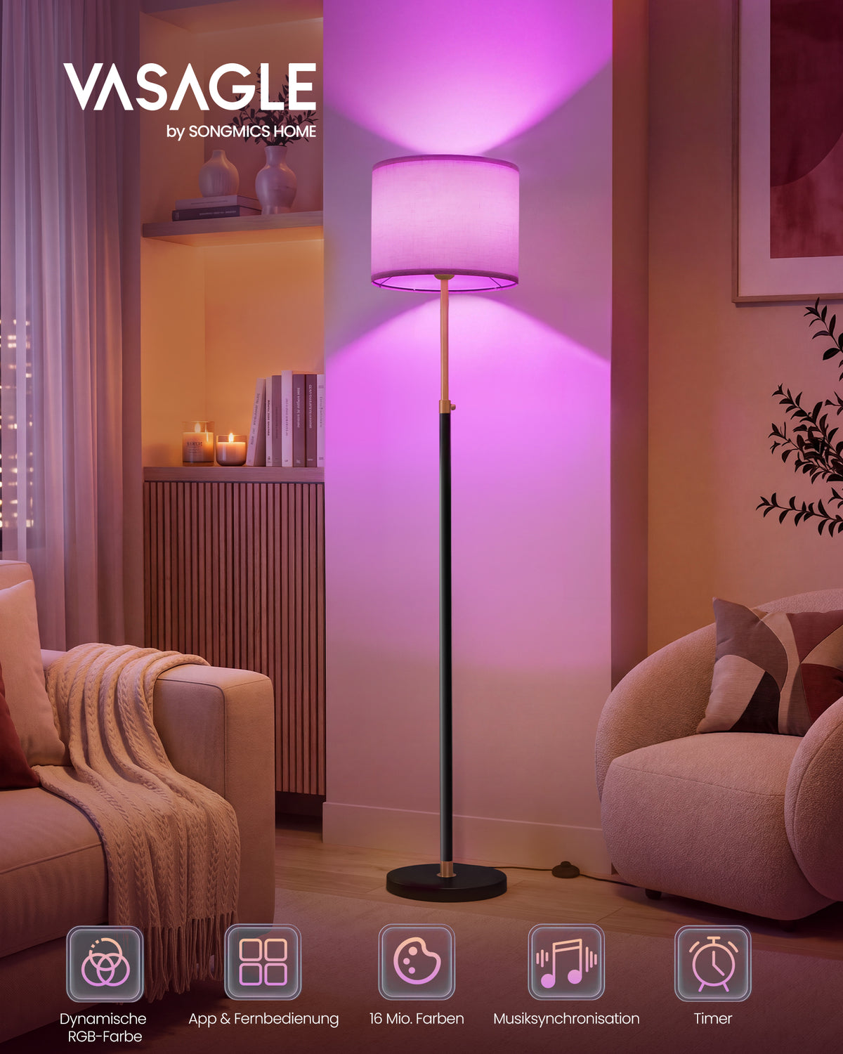 Stehlampe mit Stoffschirm – Höhenverstellbar – Inkl. LED-Leuchtmittel – Gold-Schwarz