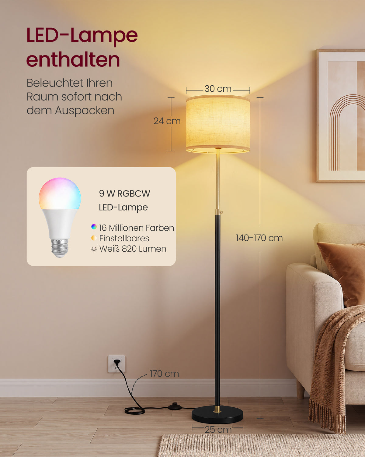Stehlampe mit Stoffschirm – Höhenverstellbar – Inkl. LED-Leuchtmittel – Gold-Schwarz