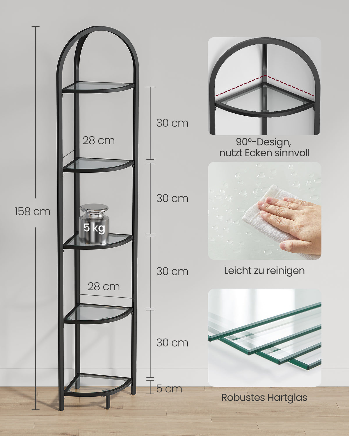 Eckregal – 3 Ebenen – Böden Aus Gehärtetem Glas – Stahlrahmen - Schwarz