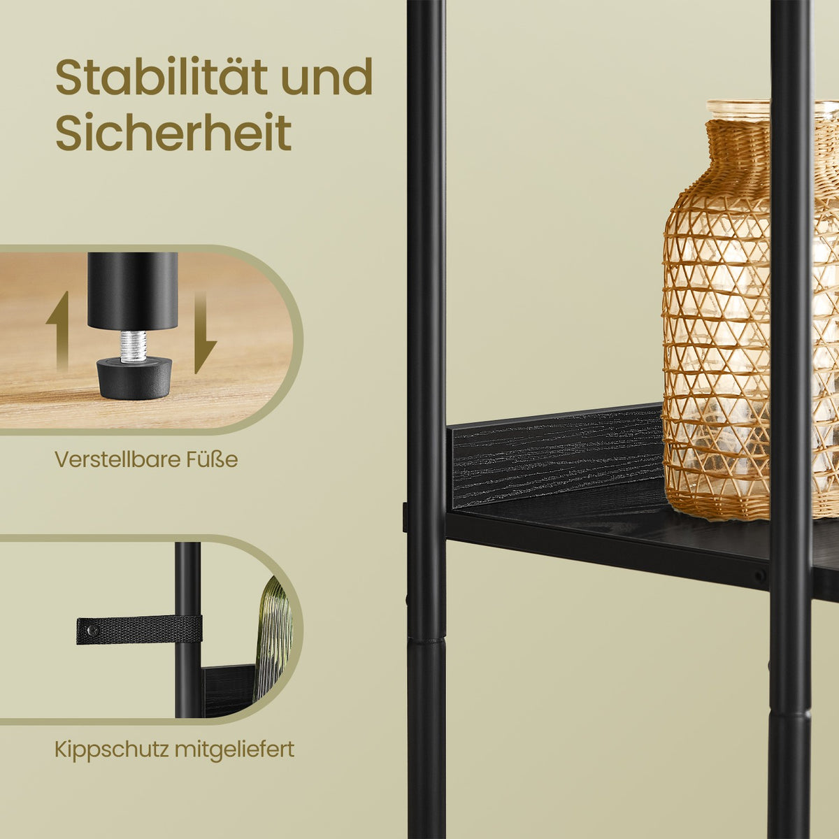 BOHO Bücherregal mit Rattantür – Schmales offenes Standregal – 174 cm hoch – Schwarzes Metall und Holz – Bis zu 60 kg belastbar