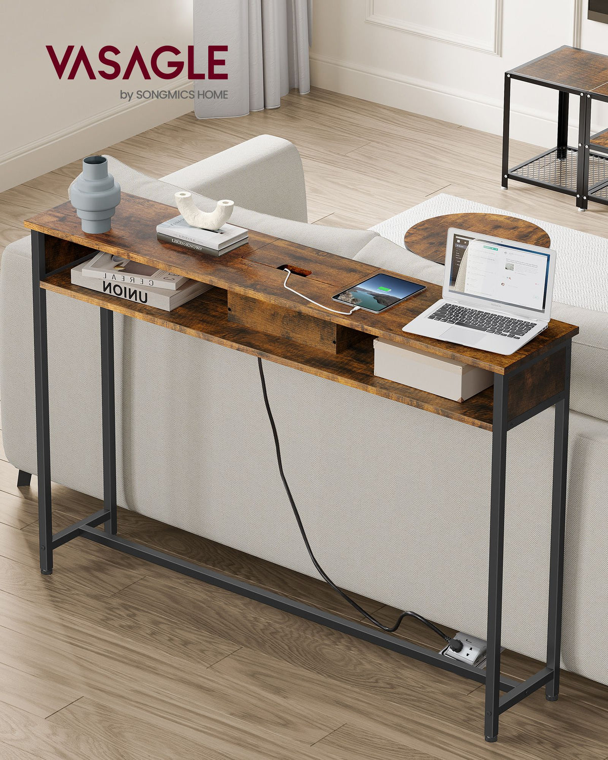 Konsolentisch mit Steckdosen und USB – Industriedesign – 120 cm breit – schick und funktional