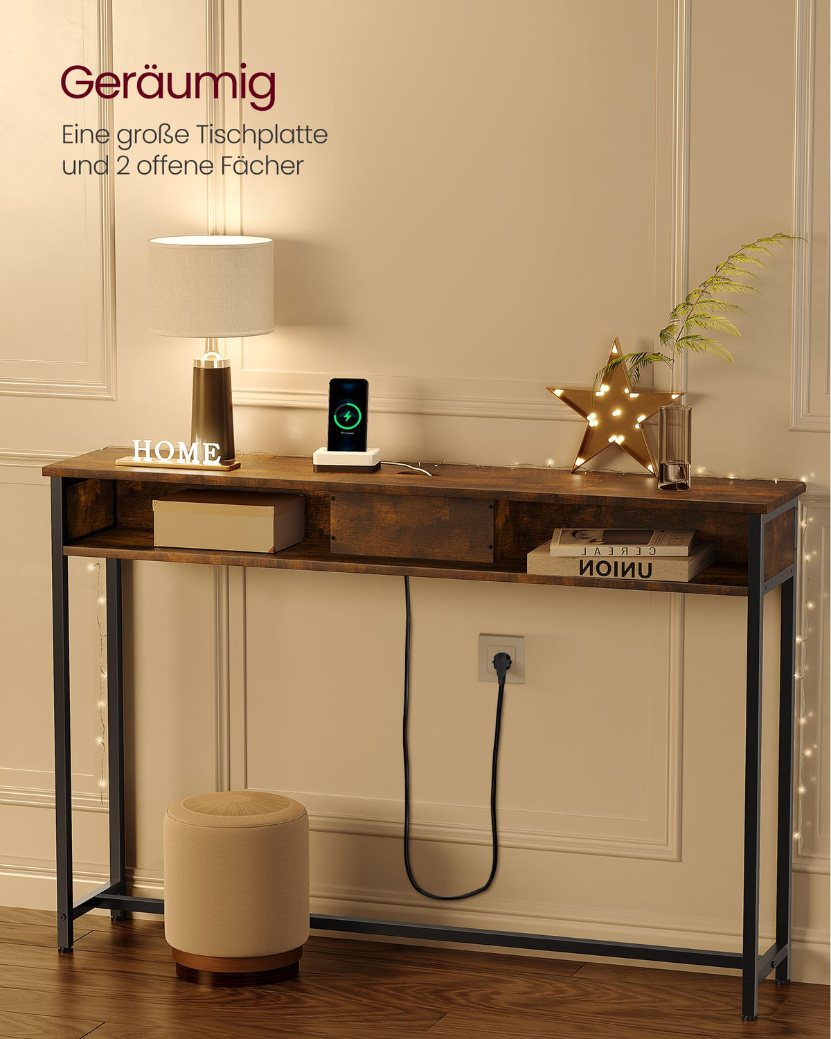 Konsolentisch mit Steckdosen und USB – Industriedesign – 120 cm breit – schick und funktional