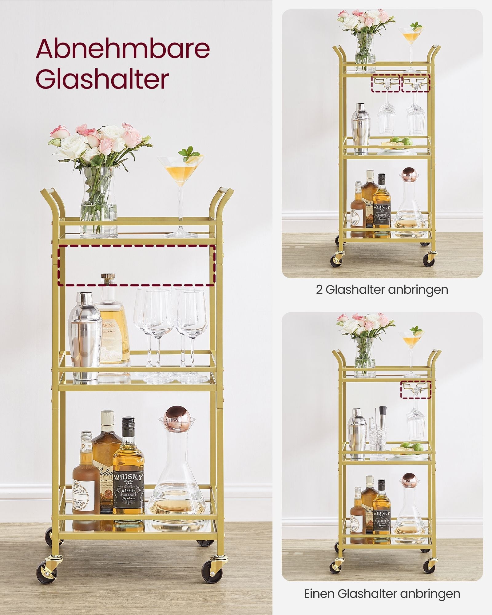 Servierwagen – Dreistufig – Auf Rollen – Mit Griffen – Spiegelnde Glasablagen – Für Kleine Räume – Küche – Esszimmer – Bar – Stahl