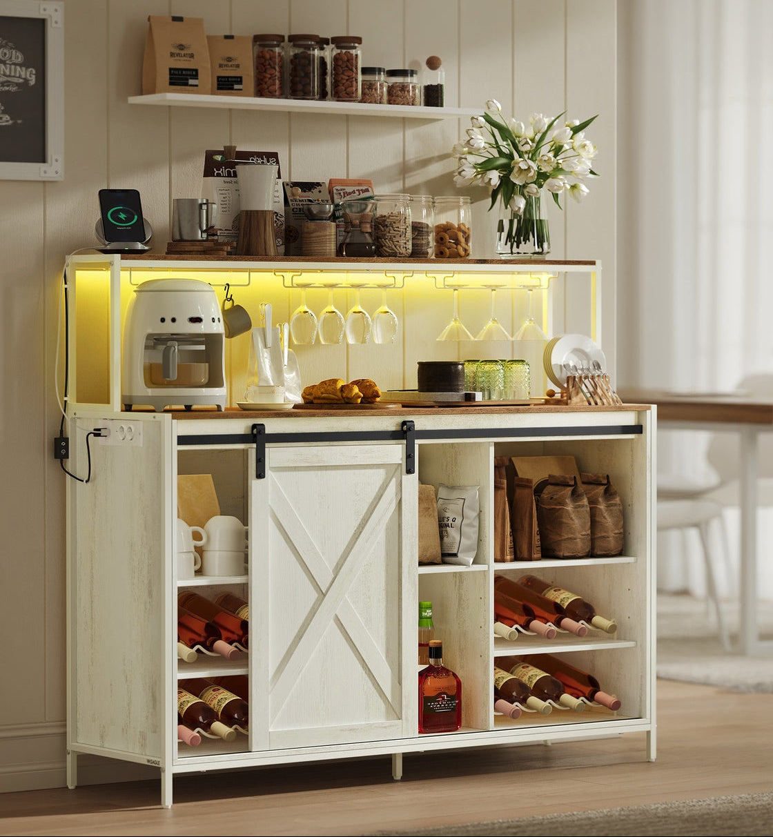 Bar-Schrank Mit LED-Beleuchtung Und Schiebetüren - Weinschrank Mit Steckdosenleiste Und Weinglashaltern