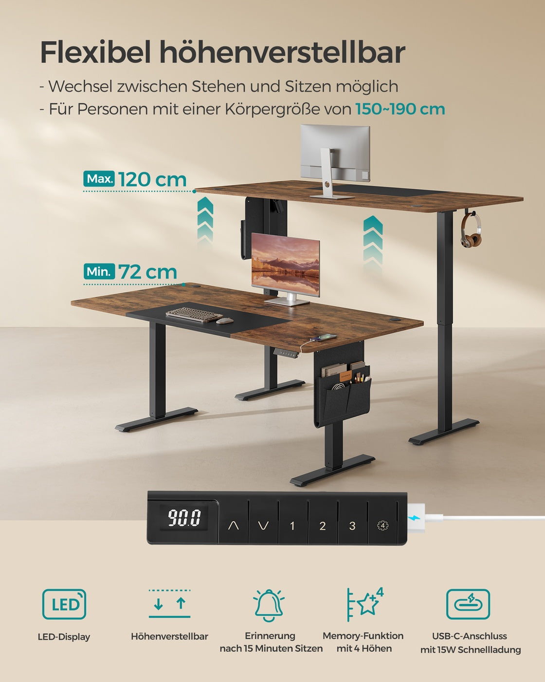 Höhenverstellbarer Schreibtisch - Sitz-Steh-Schreibtisch - Elektrisch verstellbarer Schreibtisch - (Heim-)Büro