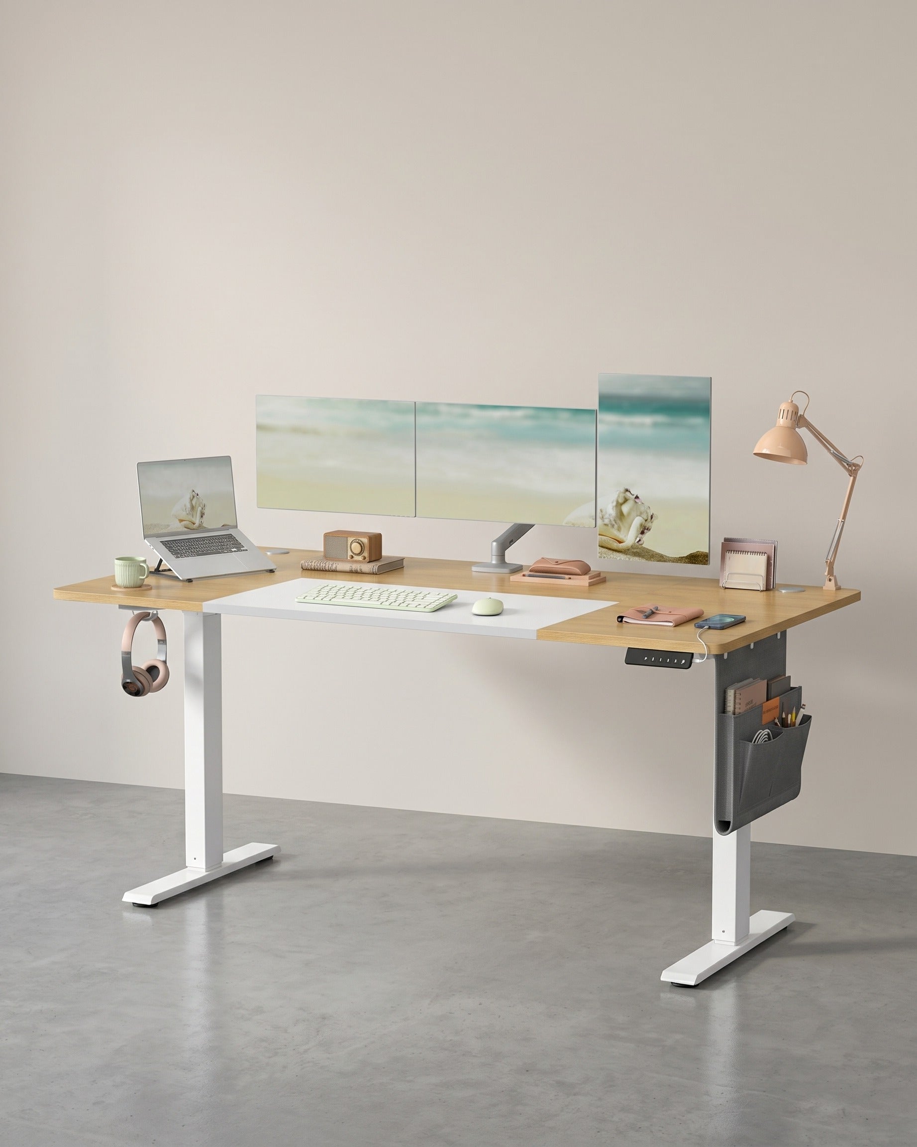 Komplettes Arbeitsplatz-Budget – Elektrischer Sitz-Steh-Schreibtisch + ergonomischer Bürostuhl – Höhenverstellbarer Schreibtisch – Heimarbeitsplatz – Hellbraun