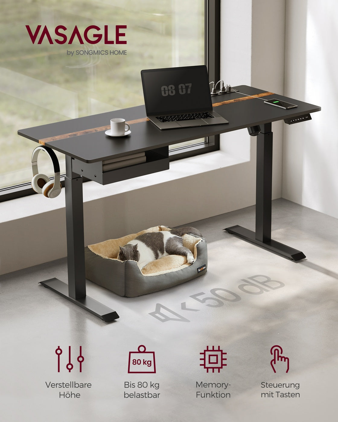 Kompletter Arbeitsplatz – Elektrischer Stehschreibtisch + ergonomischer Bürostuhl – mit Memory-Funktion – Steckdose – verstellbare Rücken- und Armlehnen