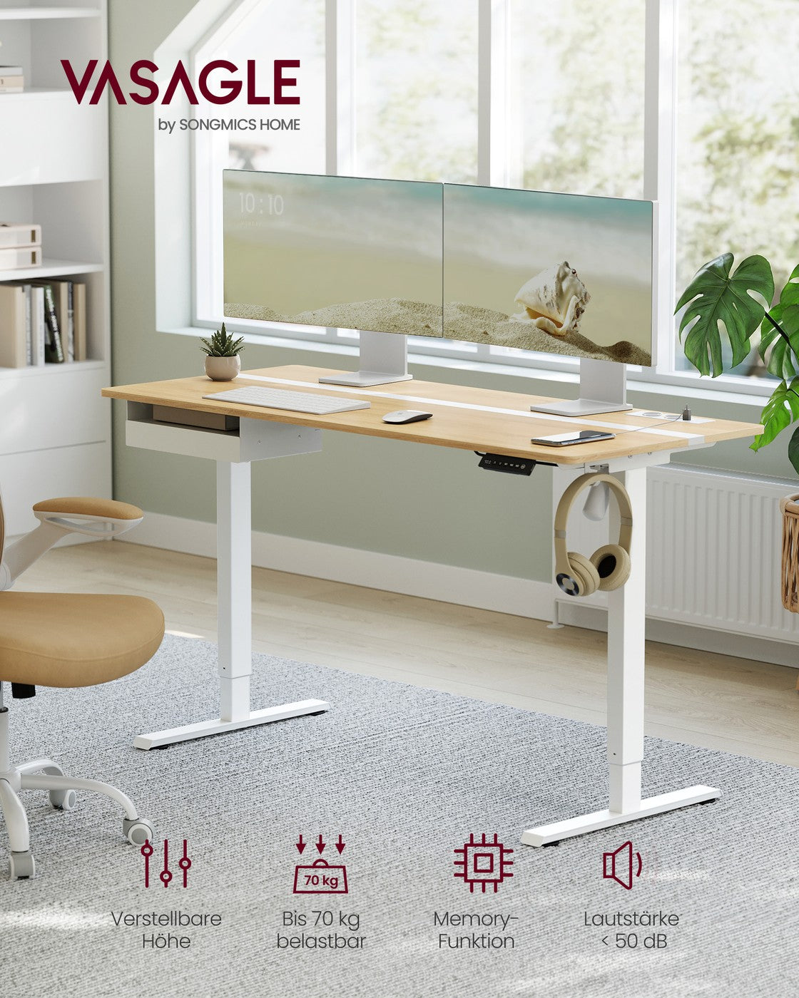 Elektrischer Stehschreibtisch mit Steckdose - Memory-Funktion - mit Schublade und Haken - Home Office