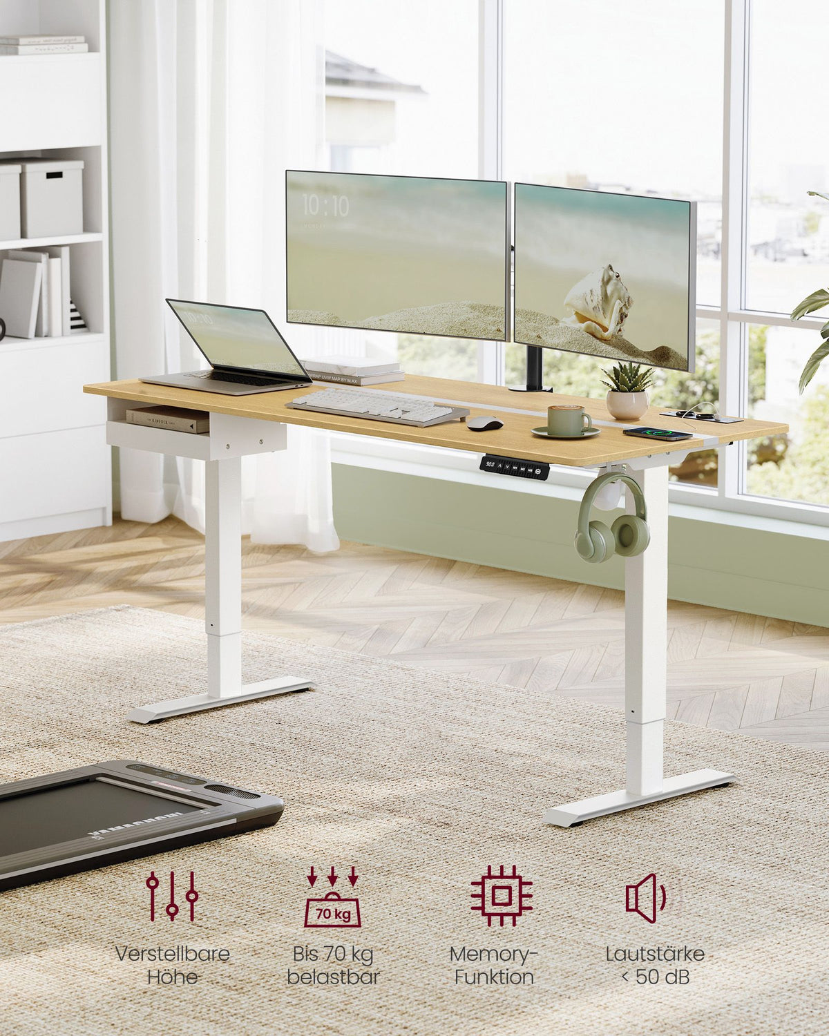 Kompletter Arbeitsplatz – Elektrischer Stehschreibtisch + ergonomischer Bürostuhl – mit Memory-Funktion – Steckdose – verstellbare Rücken- und Armlehnen