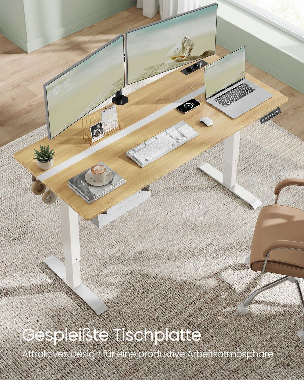 Kompletter Arbeitsplatz – Elektrischer Stehschreibtisch + ergonomischer Bürostuhl – mit Memory-Funktion – Steckdose – verstellbare Rücken- und Armlehnen