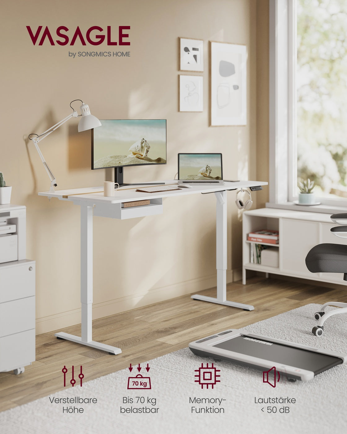 Elektrischer Stehschreibtisch mit Steckdose - Memory-Funktion - mit Schublade und Haken - Home Office