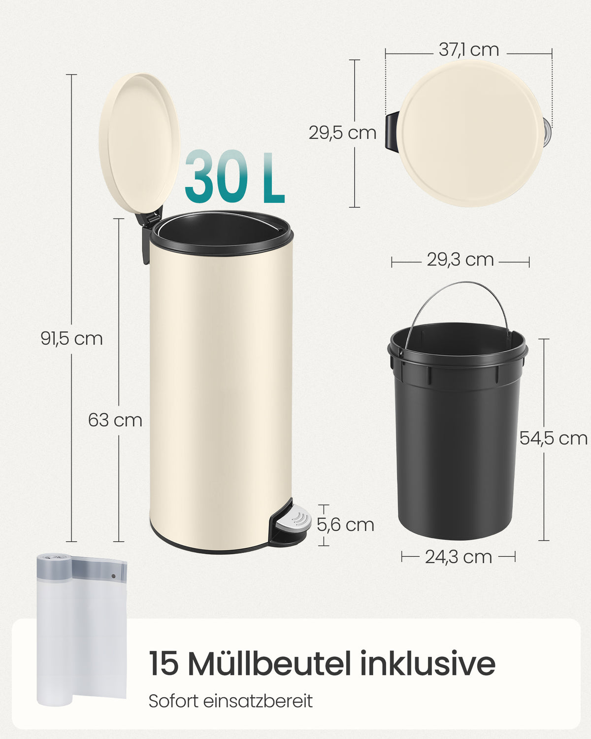 Mülleimer 30 Liter - Mit Herausnehmbarem Innenbehälter - Geräuschloser Verschluss